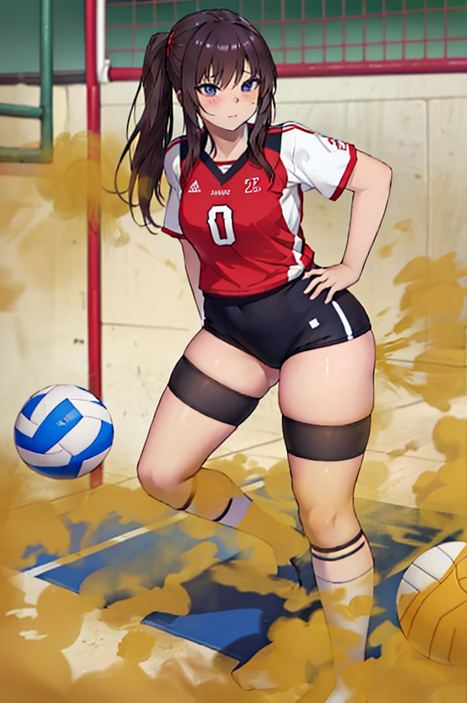 tmasterpiece,high high quality, girl,girl,Volleyball uniform,Sports warehouse,Very shy,fart,lies on the ground,with her hips raised,fart a lot
