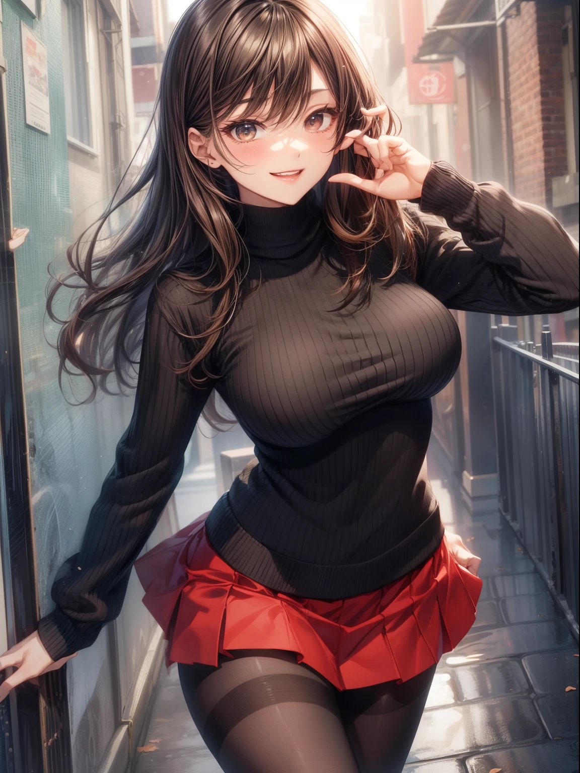 top-quality、Full limbs、complete fingers、Slender beauty、Women with straight hair、Brown-haired woman、Women with medium hair、(Beautiful busty woman:1.3)、(black knit tops)、(Red mini flared skirt)、Black pantyhose、Naughty Poses、a park、A big smile、Dancing