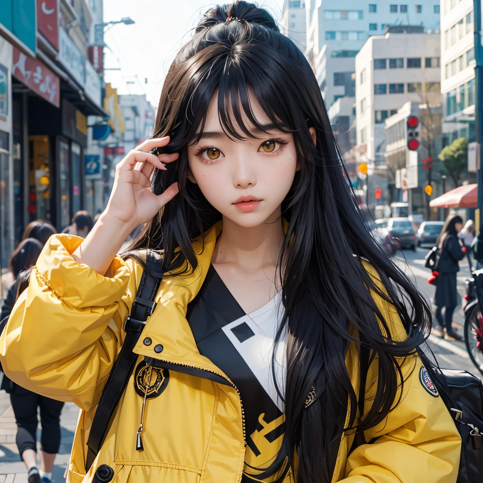 Teenage Korean girl with long wavy black hair and yellow eyes