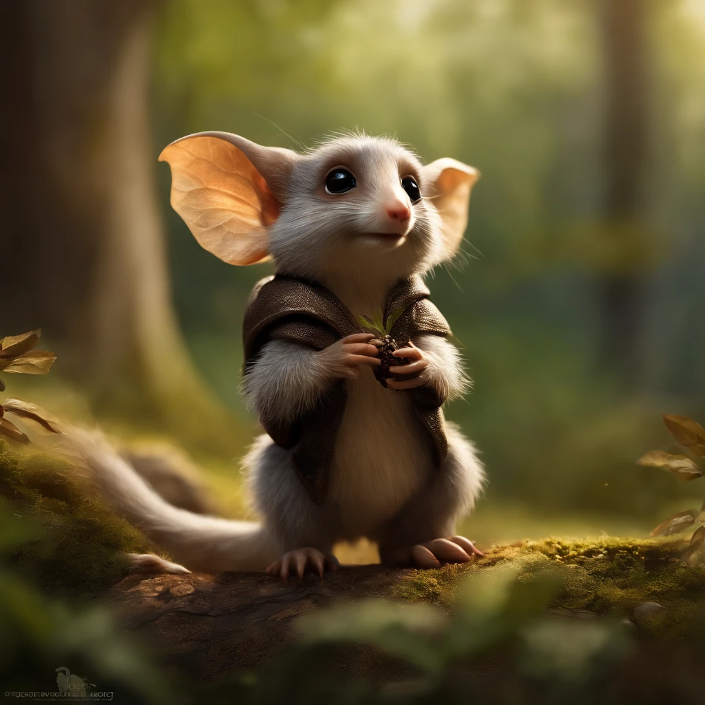 真实感, Realism, Close up of cute tiny fireflies around a huge oak tree, Morning lighting, dew, illuminate the bush, a detailed painting, cgsociety, Detailed painting, artstation hd, high detail, cgsociety, photo realism, Concept art, artstation hd, official arts, bokeh ,gremlin, mole-like, wearing a T-shirt with a backpack, bright silver and brown, long tail, large ears, covered with silver fur, water, stands on the shore, Best Quality, Masterpiece, in style of dark fantasy art, gremlin, mole-like, holding a huge acorn in his paws, bright silver and brown, long tail, elongated nose,,, huge ears, covered with silver fur,tousled, five toes on each paw, holding a huge acorn in his paws, I'm standing in a forest clearing under the foliage of bast., acorns lie in the clearing, acorns glow, Crickets fly, Best Quality, Masterpiece, in style of dark fantasy art, fantasy-inspired, in the style of John Tolkien, (CBZBB:1.25), ((gremlin),Zhkute, Small, baby, Beautiful, Fantasy art, deviant art, trending artstation, Digital Art, Detailed, Realistic, humanoid, character, tiny, Cinematic shot, cinematic portrait of a mole, naturalist, huge oak roots, entrance to the pit, Fireflies,