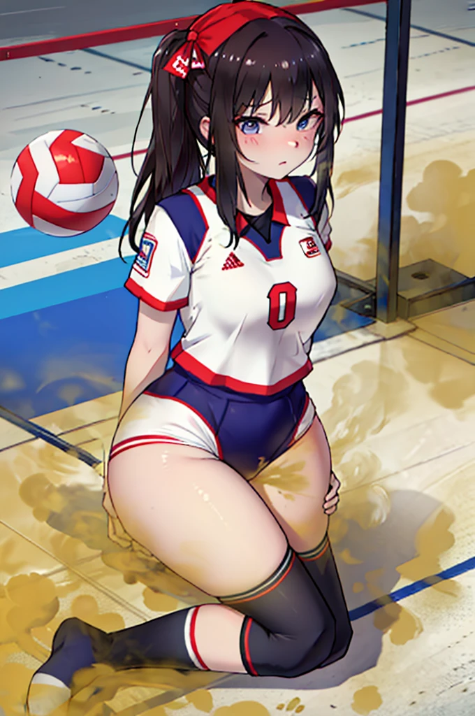 tmasterpiece，high high quality， girl，girl，Volleyball uniform，Sports warehouse，Very shy，fart，lies on the ground，with her hips raised，fart a lot