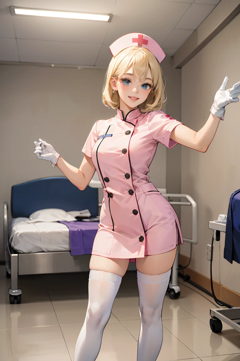 1girl, solo, nurse, nurse cap, white wear, ((white legwear, zettai ryouiki)), white gloves, blonde hair, blue eyes, pink lips, smile, standing, ((hospital room)), sharp outline, short sleeves, best quality, masterpiece