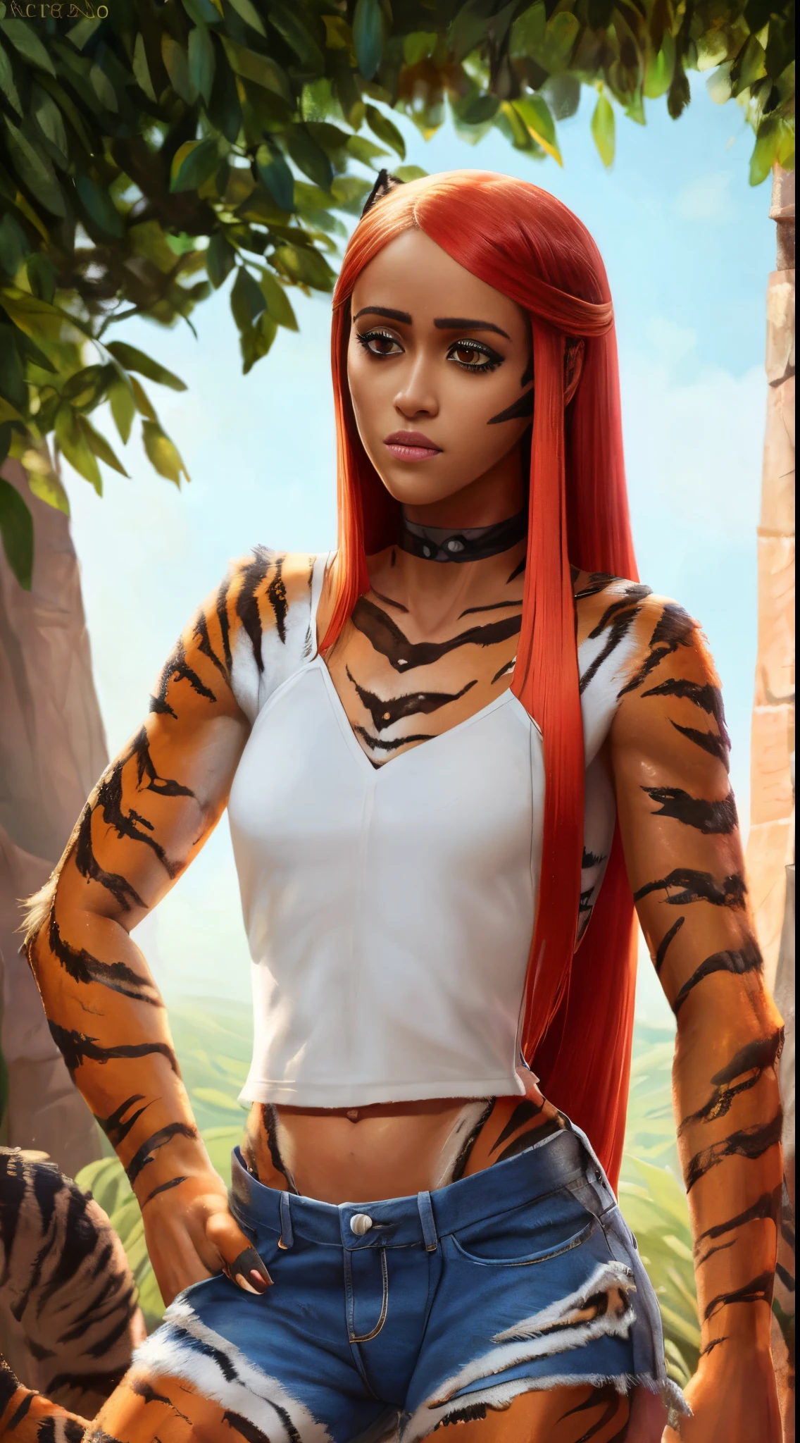 actress Nathalie Emmanuel, 1girl, solo, (human head), (pretty human face), (tiger fur:1.4), (tiger skin:1.1), (tiger tail:1.1), (orange fur), white fur, (red long straight hair:1.4), no ears, sharp claws, set of fangs, wearing (white crop top), (blue body shorts), intricate, high detail, sharp focus, dramatic, photorealistic painting art by greg rutkowski