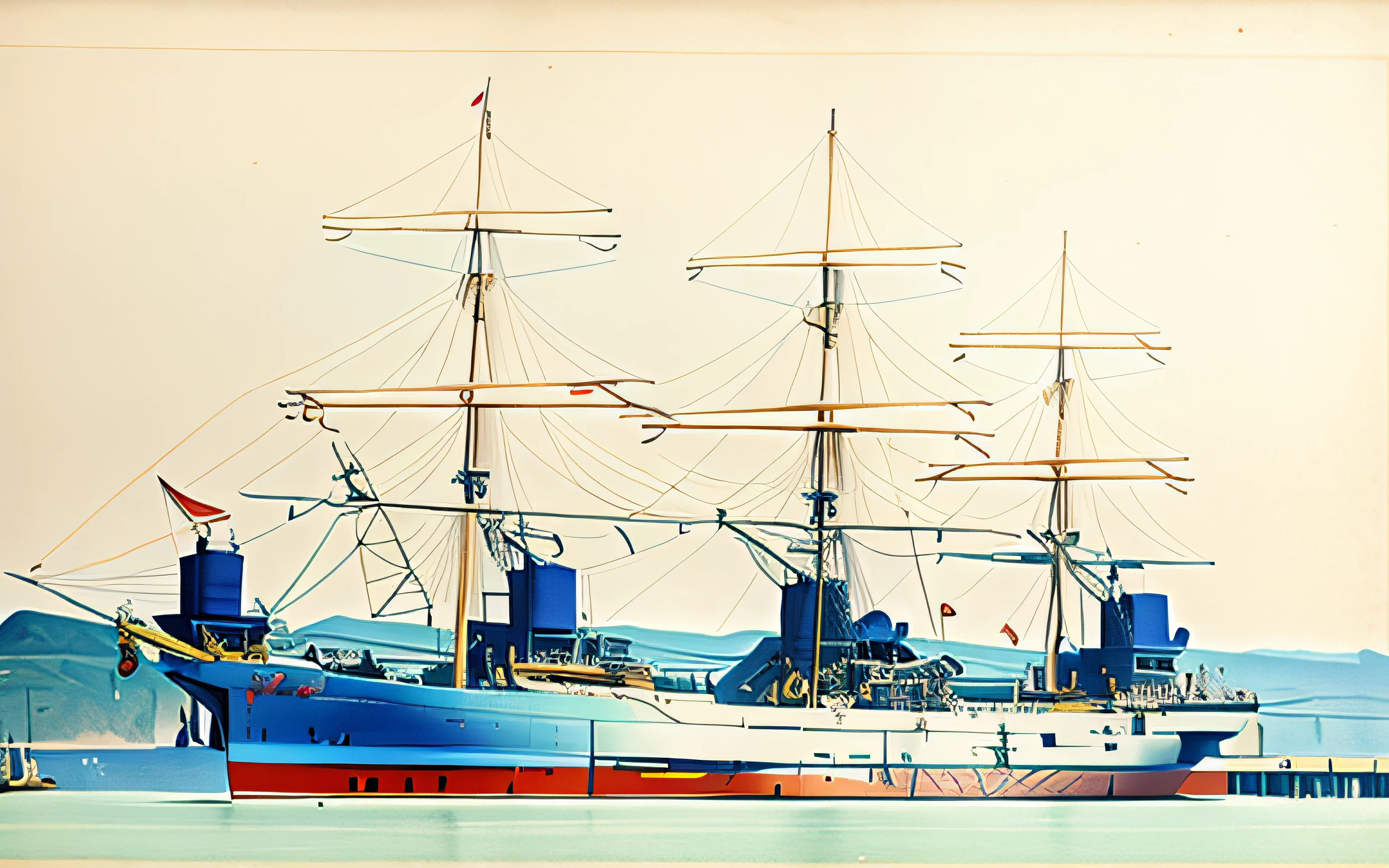 battleship, vivid battle-color, there is a large boat that is docked in the water, three masts,1894, 1904, anato finnstark. front view, victorian fire ship, 1900, 1902
