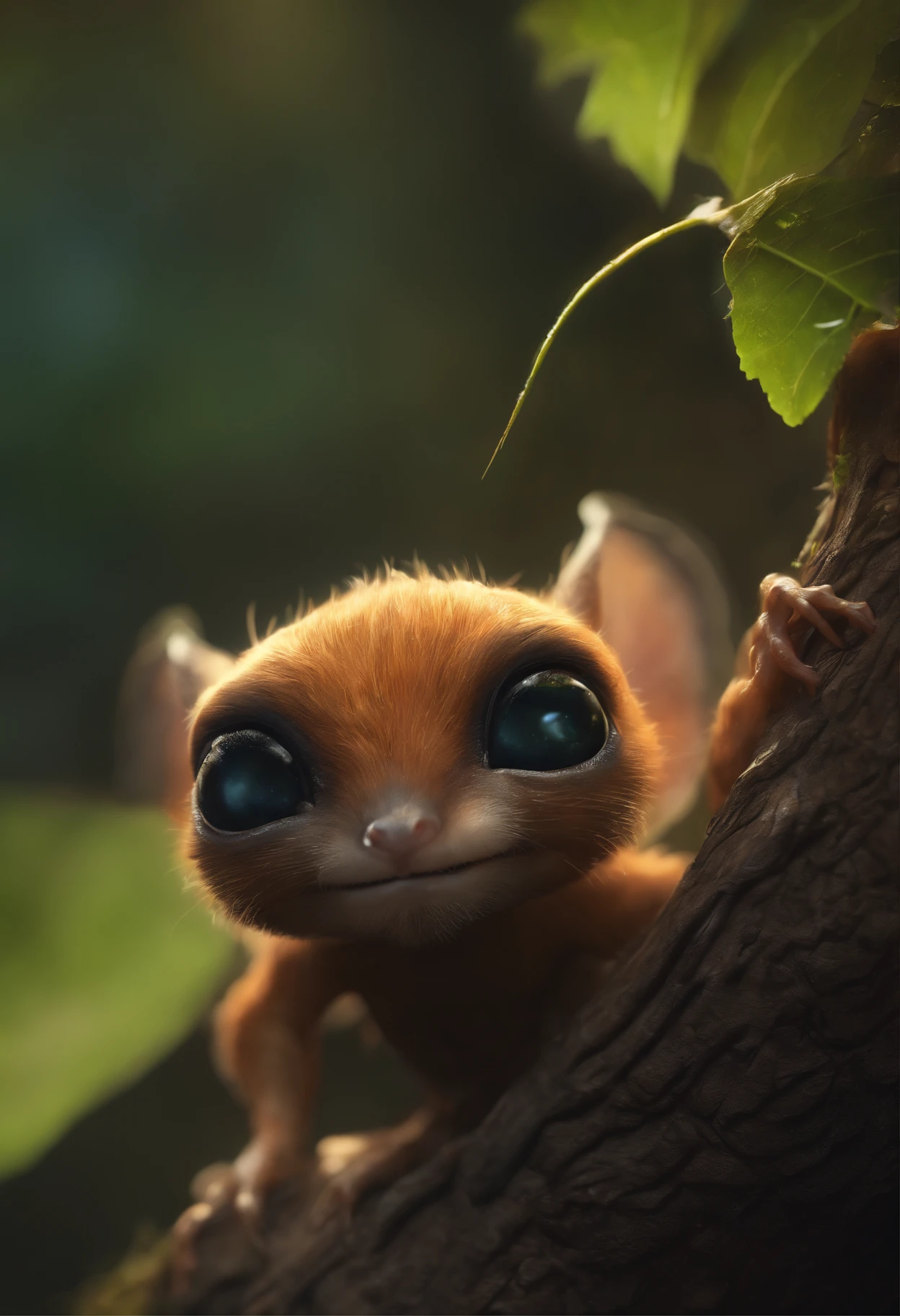 真实感, Realism, Close up of cute tiny fireflies around a huge oak tree, Morning lighting, dew, illuminate the bush, a detailed painting, cgsociety, Detailed painting, artstation hd, high detail, cgsociety, photo realism, Concept art, artstation hd, official arts, bokeh ,Cute alien creatures that look like gremlins, (CBZBB:1.25), ((gremlin),Zhkute, Small, baby, Beautiful, Fantasy art, deviant art, trending artstation, Digital Art, Detailed, Realistic, humanoid, character, tiny, Cinematic shot, cinematic portrait of a mole