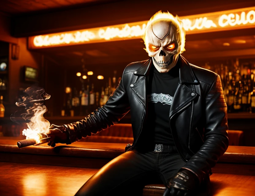 hyper realistic ghost rider sitting at a bar with girls looks hyped up wearing a leather jacket and black jeans with black boots on with jewelry smoking a cigar and holding a gun