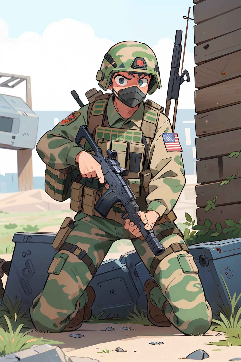 ground soldier,wearing tactical equipment,tactical gear,tactical mask,concealed face,clad,uniform,camouflage,military,helmet,boots,gun,rifle,combat,action,fighting,warzone,dusty environment,gritty,dangerous,serious,skilled,soldierly,alert,prepared,trained,proficient,heroic,brave,defender,battlefield,duty,mission,protecting,dedicated,committed,committed to serving,army,strong,determined,resilient,committed,patriotic,courageous,ready for battle,grim,serious expression,thoroughly trained,gun in hand,action-packed scene,intense atmosphere,combat zone,bulletproof vest,ammunition,armored vehicle,shooting,assault,stationed,mission-driven,sharpshooting,strategy,commanded,tasks executed,accurate shot,mission accomplished,stern,modern warfare,warrior