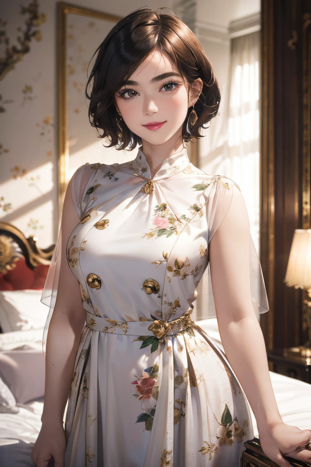 124
(a 20 yo woman,Art Works), (A hyper-realistic), (high-level image quality), ((beautiful hairstyle 46)), ((short-hair:1.46)), (Gentle smile), (breasted:1.1), (lipsticks), (florals), (Luxurious room), (Depth of field is deep), (Get a dog)