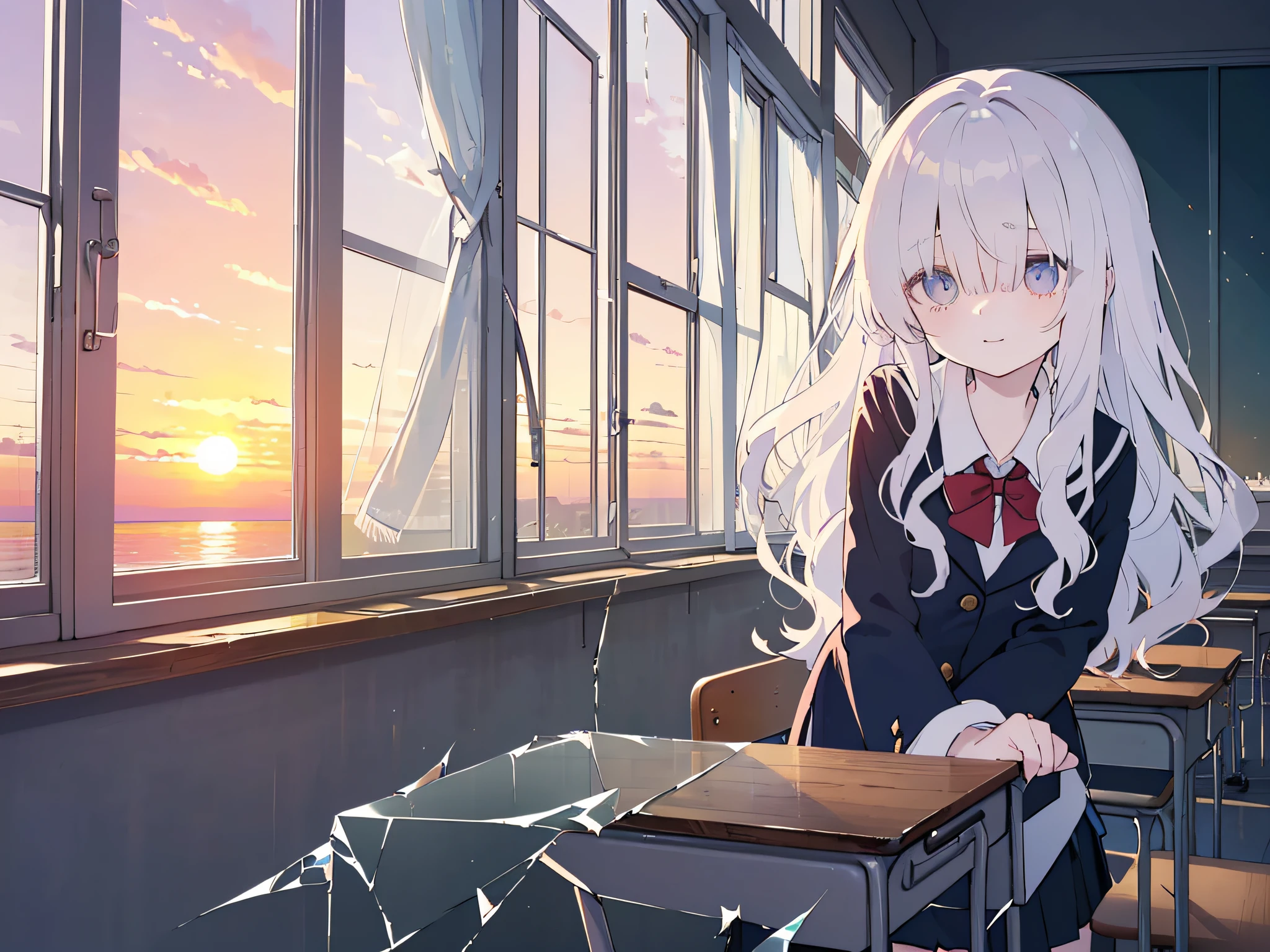 top-quality、​masterpiece、((Wavy Hair:1.2)),White hair,(((Eyes visible from bangs,hair over eyes:1.3))),Blunt bangs,Long hair, Purple eyes,Lori,School uniform,Navy blue blazer,Skirt,(((‎Classroom、evening、Sunset:1.4))))、Swaying curtains、solitude,Melancholy look、full body Esbian、((((Broken desk、Broken chair、broken blackboard、Broken window glass))))、a scene from a movie、Sunset、Hair that flutters in the wind、Beautiful shading、Sunlight、Beautiful、独奏、Atmosphere of sadness、frontage、loiter、Full body,sit on desk、Smiling sadly