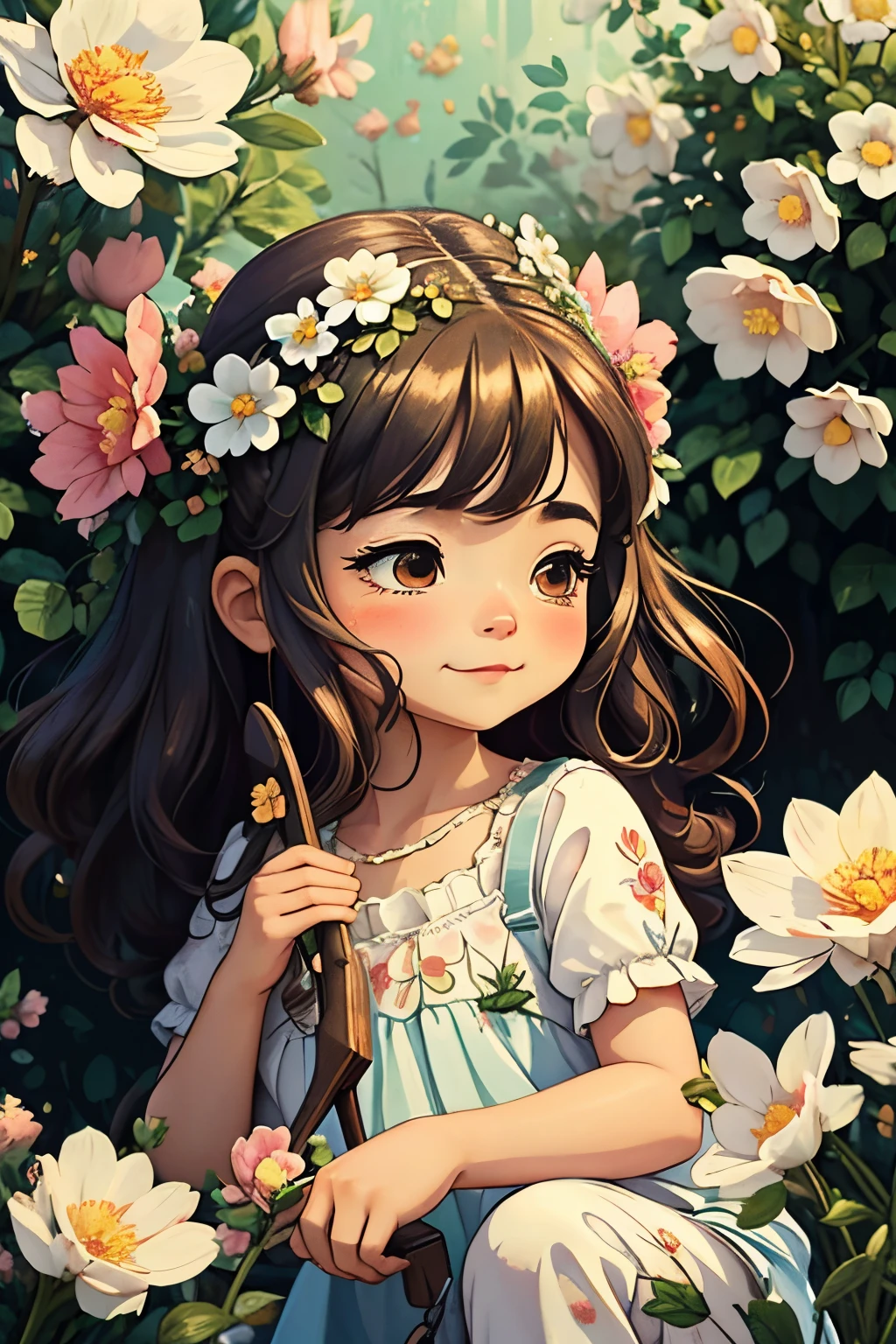 (best quality,4k,8k,highres,masterpiece:1.2),ultra-detailed,(realistic,photorealistic,photo-realistic:1.37),gorgeous vibrant colors,soft natural lighting,medium:oil painting,"beautiful garden","lush flowers",1girl,sparkling eyes,rosy cheeks,flower crown,butterflies,dainty fingers,green grass and scattered petals,delicate brushstrokes,blooming peonies,fragrant roses,whispering daisies,little chibi girl in flower garden,holding tools,kneeling and digging hole for the new flower,smiling face with dimples,long brown hair flowing gently in the breeze,floral patterned dress swaying,joyful chirping of birds,dappled sunlight filtering through the trees,fleeting shadows dancing on the ground,sweet scent of blooming flowers,faint sound of buzzing bees,carefree and innocent,peaceful and serene,harmony between nature and human,tranquility and contentment.