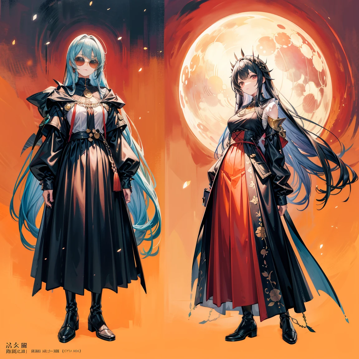 Character Sheets, Three types，Shot Full Body，Game Character Design，than a little flying moon，Girl in sunglasses and beans，Victorizo ∨TSE∨，Orange background,Stylistic expression, full clothed、Unbelievable absurdity、 long skirt, backpacks,Medieval heavy dress, luna. veil, bouquet, Separating elements), watercolour,illustartion,Realistic,Harmonious colours,natural lighting, vine、