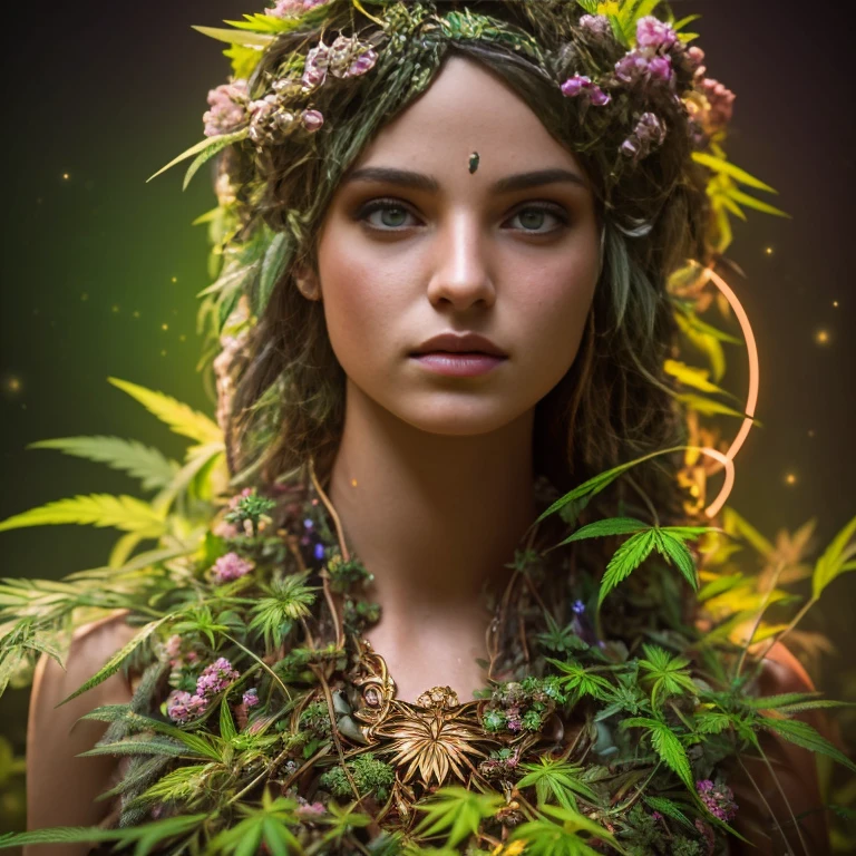 CG art of a beautiful Sundanese girl, 1girl, ((Wina Dana Riniy:1.3)), (marijuana goddess:1.2), (marijuana queen:1.2), (marijuana leaf crown:1.2), (marijuana glamour:1.2), (marijuana fashion:1.2), cute girl, (curvy-voluptuous-thick body type), exotic, (full body shot), Sam Yang art, Sundanese culture, 
glamor pose, smirk, eyebrow up, 
pastel color, calm tones, 58 mm,
detailed marijuana West Java garden background,
(paint by SamDoesArts:1.3)
