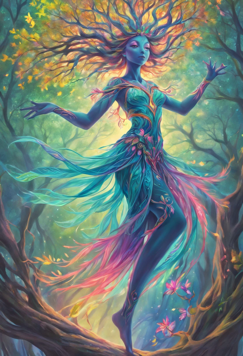 highres, psychedelic style female tree person, vibrant colors, glowing eyes, flowing branches, ethereal atmosphere, surreal landscape, intricate details, leaves and flowers dancing in the wind, magical aura, wisps of light and colors surrounding the tree person, dreamlike scenery, mystical and enchanting presence, otherworldly beauty, serene and peaceful expression, nature-inspired art, surrealistic elements, mythical and fantastical imagery.