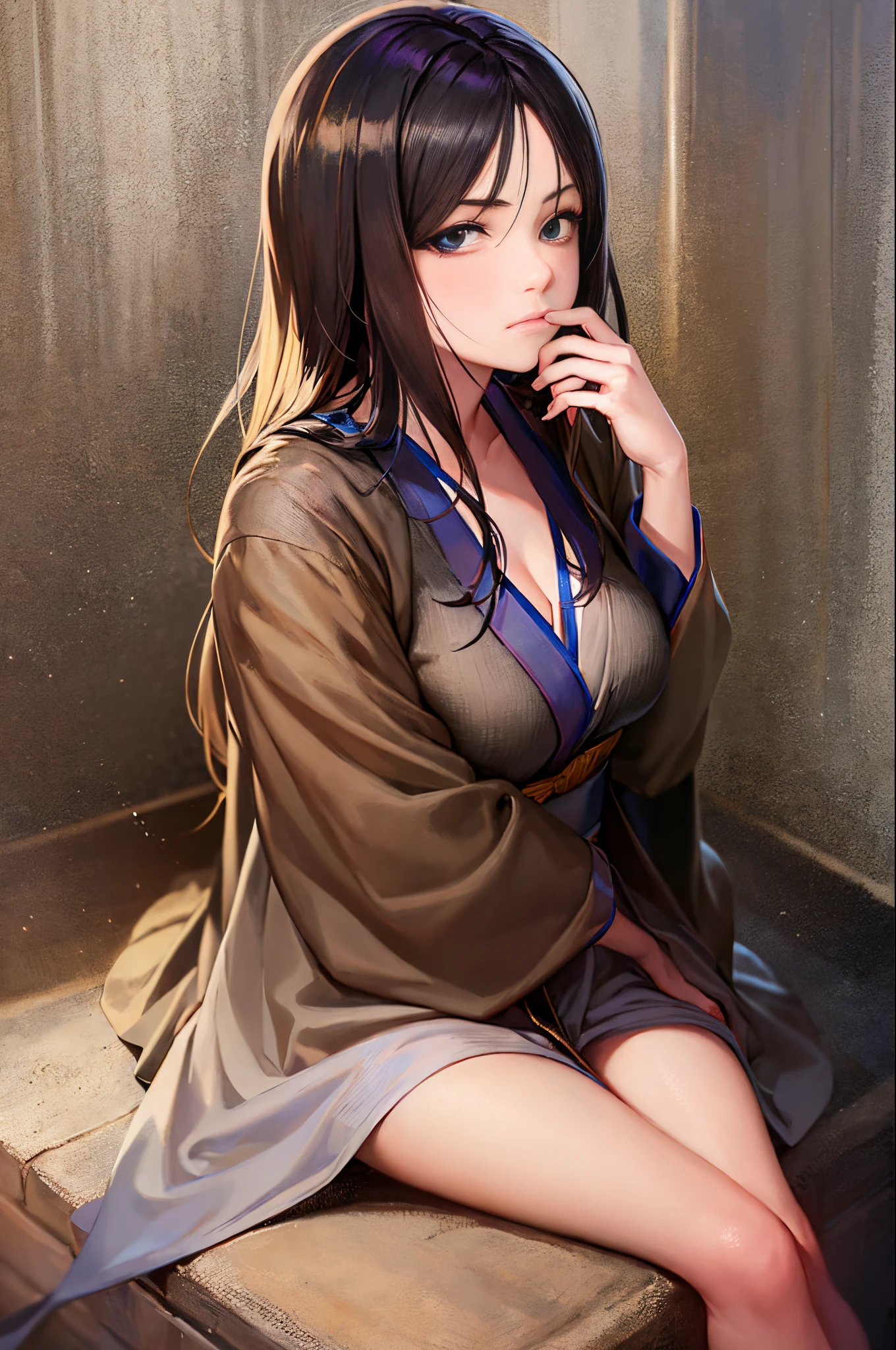 (masterpiece, best quality:1.2), solo, 1girl, maiden, unamused, closed mouth, looking at viewer, hand on own face, sitting, crossed legs,black short kimono