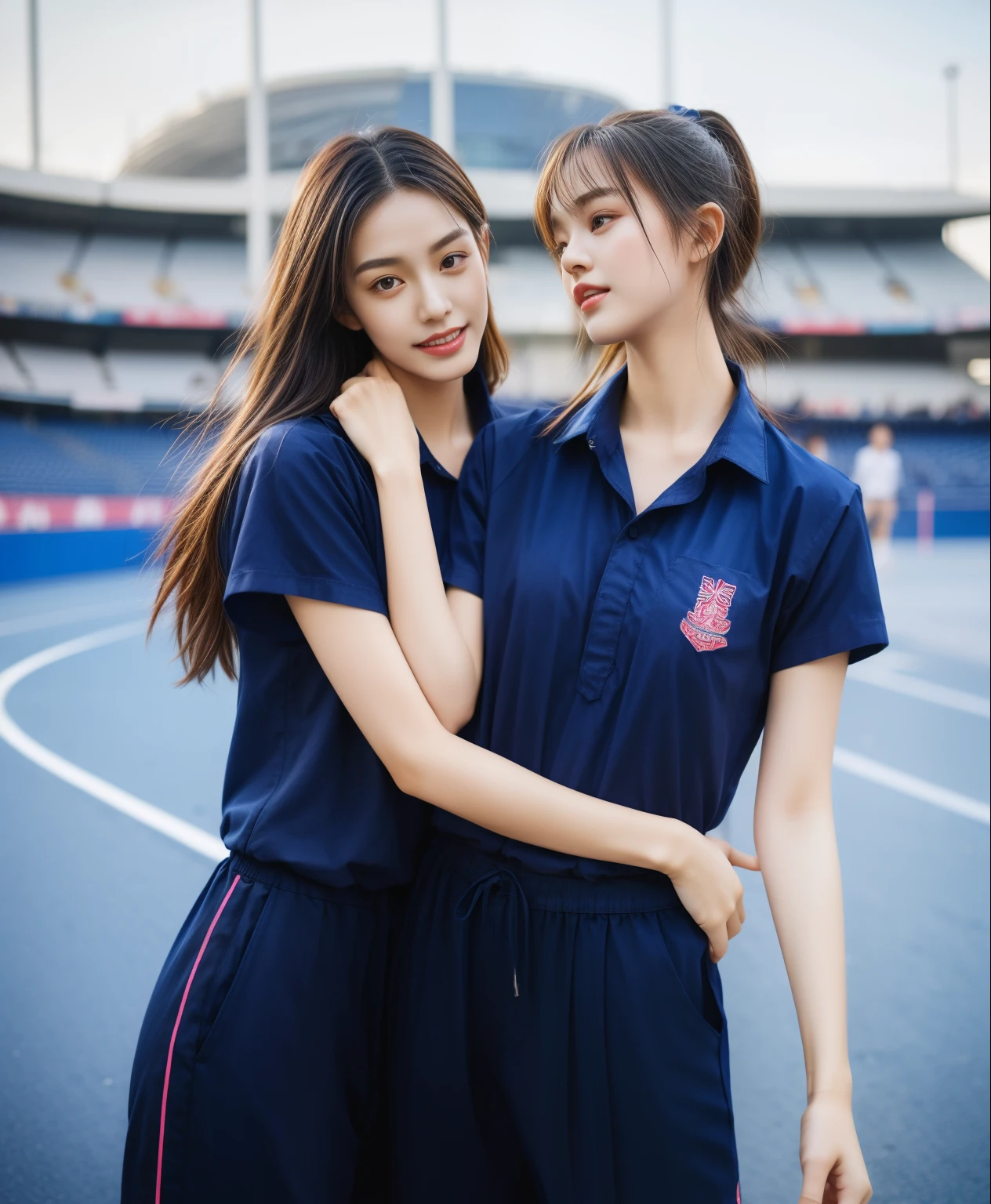 (bestquality,10,10,highres,masterpiece:1.2),ultra-detail,(Realistic,photorealistic portrait,photo-realistic:1.37),1 Cute girl in the football field,oily shiny skin,bara,light smile,BDclothes,((blue shirt:1.3)),short sleeves,shirt, trousers.,(navy_long_Pants Track:1.1), ((Stadium Background:1.3)),dynamic angle,excited,face focus,Dynamic Poses,from behide,Ass Focus,masterpiece, bestquality, ultra realistic, hyper-detail, 8k resolution, RAW photo, crisp focus, ((Navy blue shirt:1.1)), short sleeves, Long Path, Perfect body, 2 mature women, 18yo, cinematic light,Blue sweatpants,Gymware,Correct anatomy,Complete body, Correct body, sharp face, Anatomically correct body, full entire body, Realistic gestures, long-haired, Realistic poses,Wear long shorts............................,Long leg span,Shapely,Sculpting Girl, Slender Figure, mannequin mannequins, Shapely, Beautiful body,Blue sweatpants, Two girls kissing