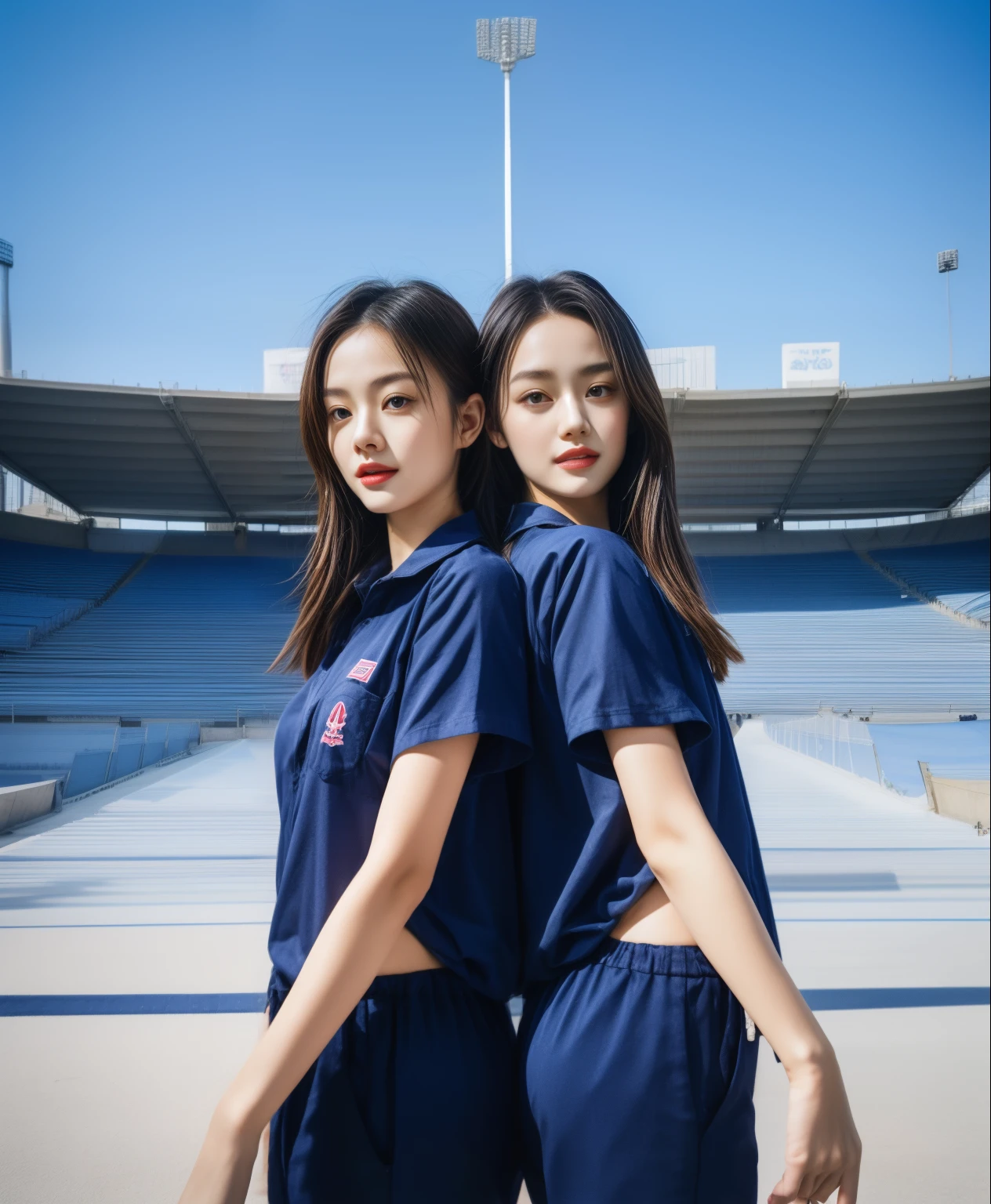 (bestquality,10,10,highres,masterpiece:1.2),ultra-detail,(Realistic,photorealistic portrait,photo-realistic:1.37),1 Cute girl in the football field,oily shiny skin,bara,light smile,BDclothes,((blue shirt:1.3)),short sleeves,shirt, trousers.,(navy_long_Pants Track:1.1), ((Stadium Background:1.3)),dynamic angle,excited,face focus,Dynamic Poses,from behide,Ass Focus,masterpiece, bestquality, ultra realistic, hyper-detail, 8k resolution, RAW photo, crisp focus, ((Navy blue shirt:1.1)), short sleeves, Long Path, Perfect body, 2 mature women, 18yo, cinematic light,Blue sweatpants,Gymware,Correct anatomy,Complete body, Correct body, sharp face, Anatomically correct body, full entire body, Realistic gestures, long-haired, Realistic poses,Wear long shorts............................,Long leg span,Shapely,Sculpting Girl, Slender Figure, mannequin mannequins, Shapely, Beautiful body,Blue sweatpants, Two girls kissing
