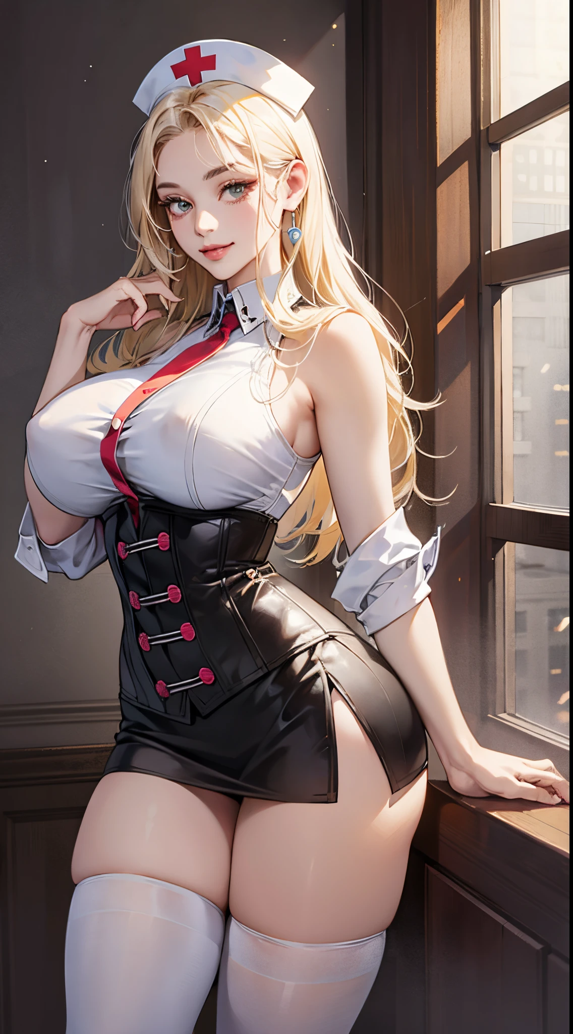 top-quality、realistic touch,high-detail、photoRealstic、Long body、captive beauty、big eye、Colossal tits、Strong platinum blonde eyelashes、platinum-blond、full body Esbian、Sparkling eyes、Submissive smile、Flushed cheeks、Kamimei、thin-waist、Voluptuous thighs、Enraptured look、Raked bangs、The forehead is protruding、Tight and see-through nurse uniform、thigh-high socks、sleeveless、Tight skirt with a large slit、A corset that emphasizes your breasts、