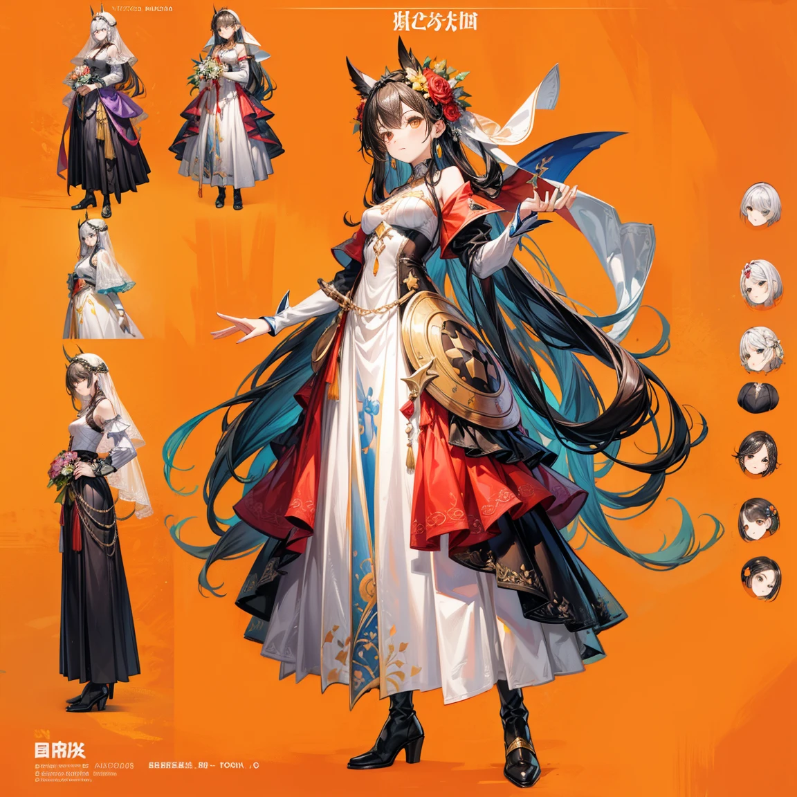 Character Sheets, Three types,Shot Full Body,Game Character Design,than a small flying moon,Girl in sunglasses and beans,Victorizo ∨TSE∨,Orange background,Stylistic expression, fully dressed、Unbelievable absurdity、 long skirt, Backpacks,Medieval heavy dress, veil, bouquet, Separating elements), watercolour,illustartion,Realistic,Harmonious colours,vine、