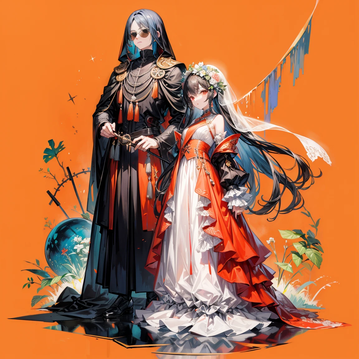Character Sheets, Three types，Shot Full Body，Game Character Design，than a small flying moon，Girl in sunglasses and beans，Victorizo ∨TSE∨，Orange background,Stylistic expression, fully dressed、Unbelievable absurdity、 long skirt, Backpacks,Medieval heavy dress, veil, bouquet, Separating elements), watercolour,illustartion,Realistic,Harmonious colours,vine、