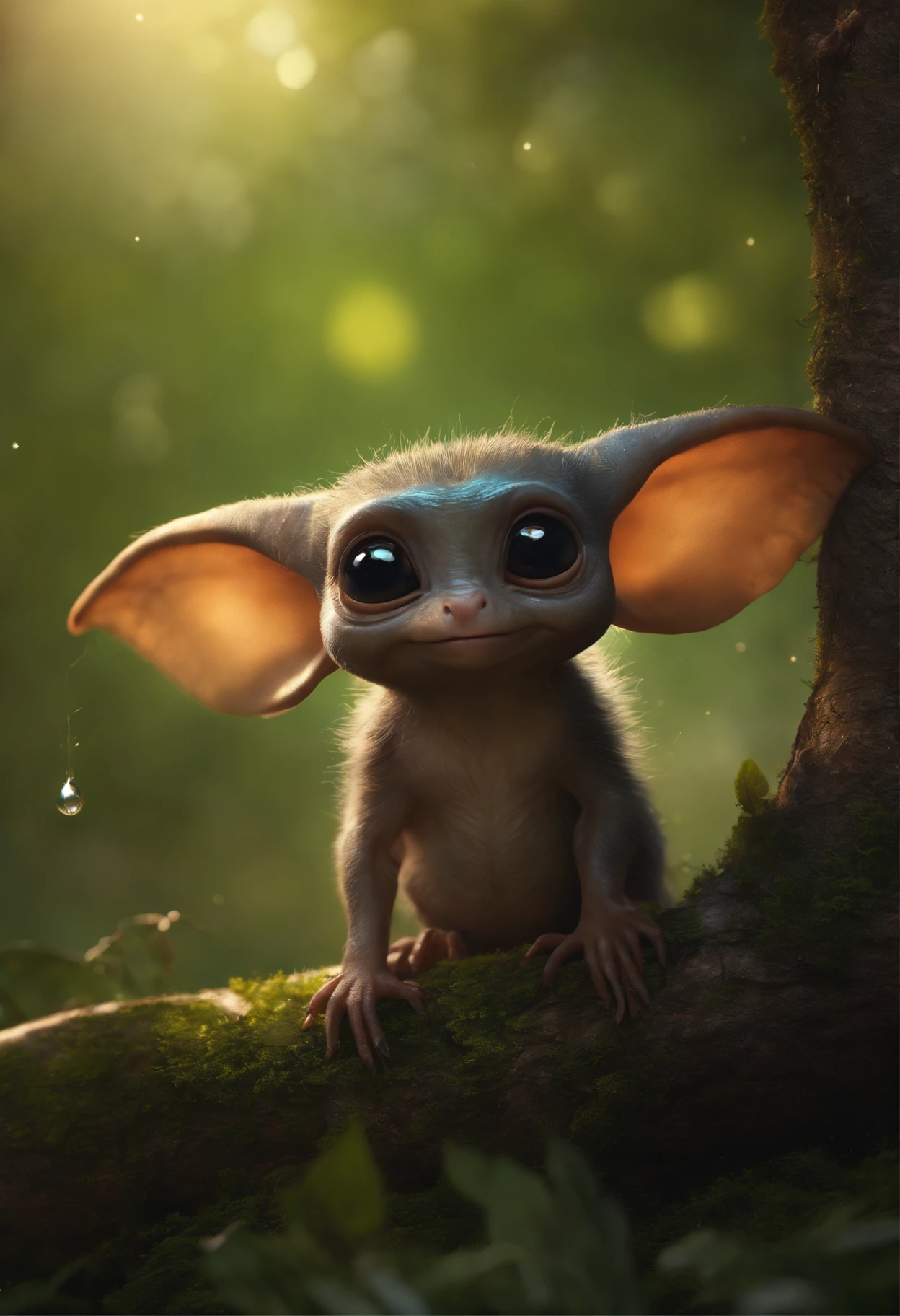真实感, Realism, Close up of cute tiny fireflies around a huge oak tree, Morning lighting, dew, illuminate the bush, a detailed painting, cgsociety, Detailed painting, artstation hd, high detail, cgsociety, photo realism, Concept art, artstation hd, official arts, bokeh ,Cute alien creatures that look like gremlins, (CBZBB:1.25), ((gremlin),Zhkute, Small, baby, Beautiful, Fantasy art, deviant art, trending artstation, Digital Art, Detailed, Realistic, humanoid, character, tiny, Cinematic shot, cinematic portrait of a mole