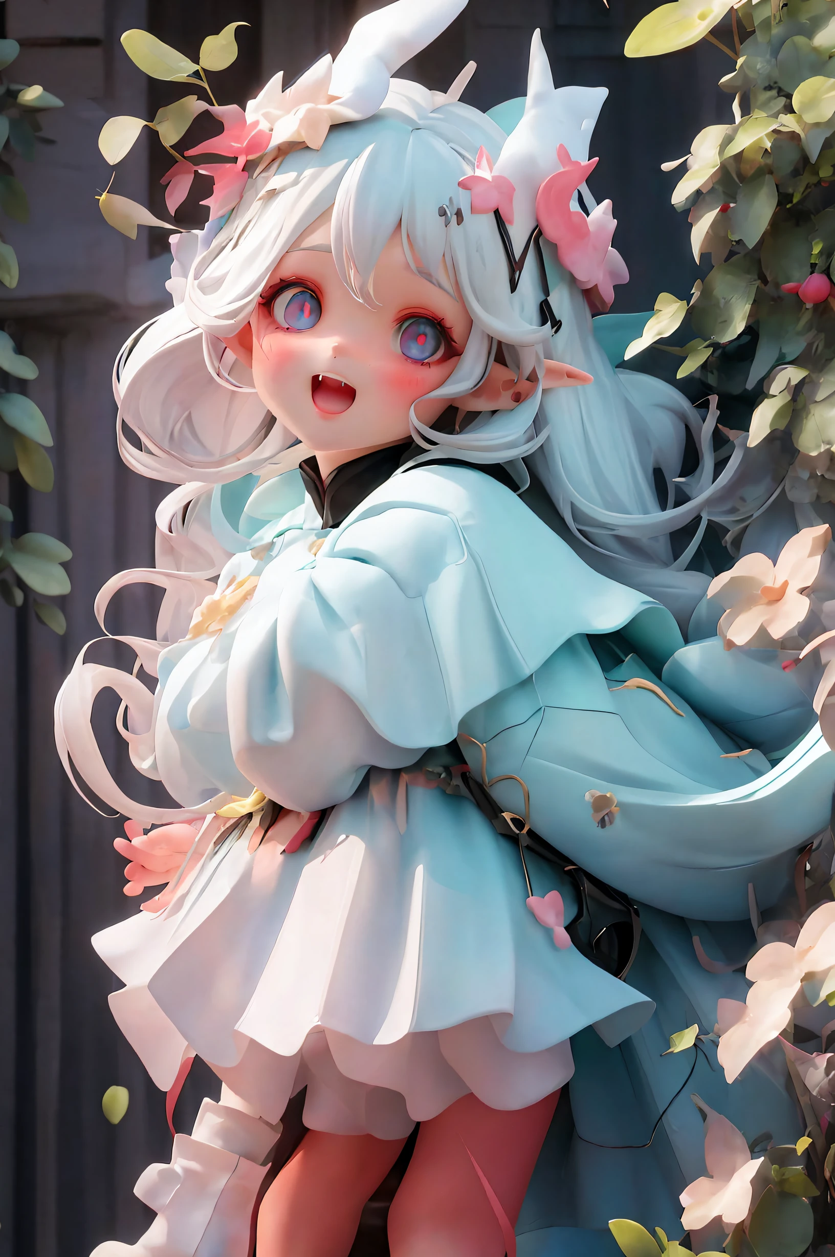 great masterpiece，Best quality at best，超高分辨率，8K，clear color rendering，,1 busty girl,white long curly hair，Big blue eyes，elvish ears，laughing joyfully，double good luck，vivd colour，white  clothes，Divine brilliance，It can also be lovely love，wanting，Star Diamond，Close-up half-length photo of girl