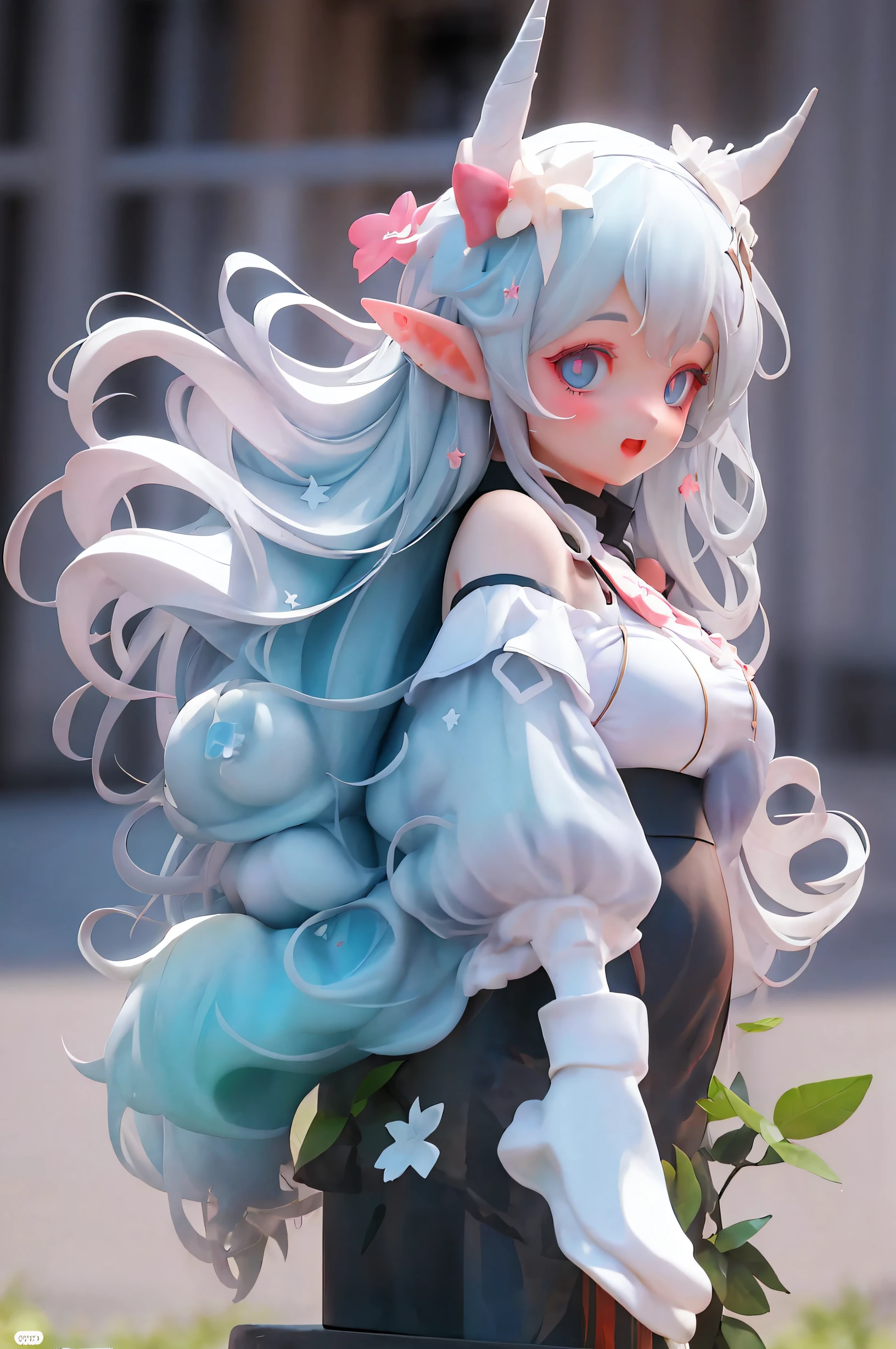 great masterpiece，Best quality at best，超高分辨率，8K，clear color rendering，,1 busty girl,white long curly hair，Big blue eyes，elvish ears，laughing joyfully，double good luck，vivd colour，white  clothes，Divine brilliance，It can also be lovely love，wanting，Star Diamond，Close-up half-length photo of girl