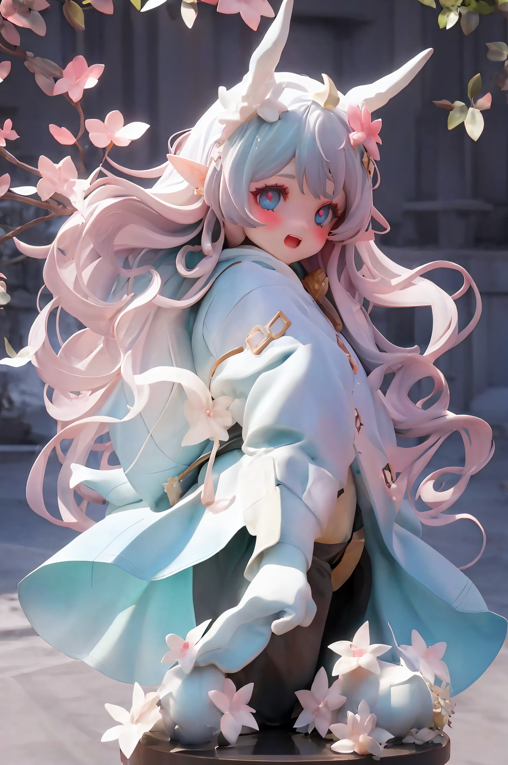 great masterpiece，Best quality at best，超高分辨率，8K，clear color rendering，,1 busty girl,white long curly hair，Big blue eyes，elvish ears，laughing joyfully，double good luck，vivd colour，white  clothes，Divine brilliance，It can also be lovely love，wanting，Star Diamond，Close-up half-length photo of girl