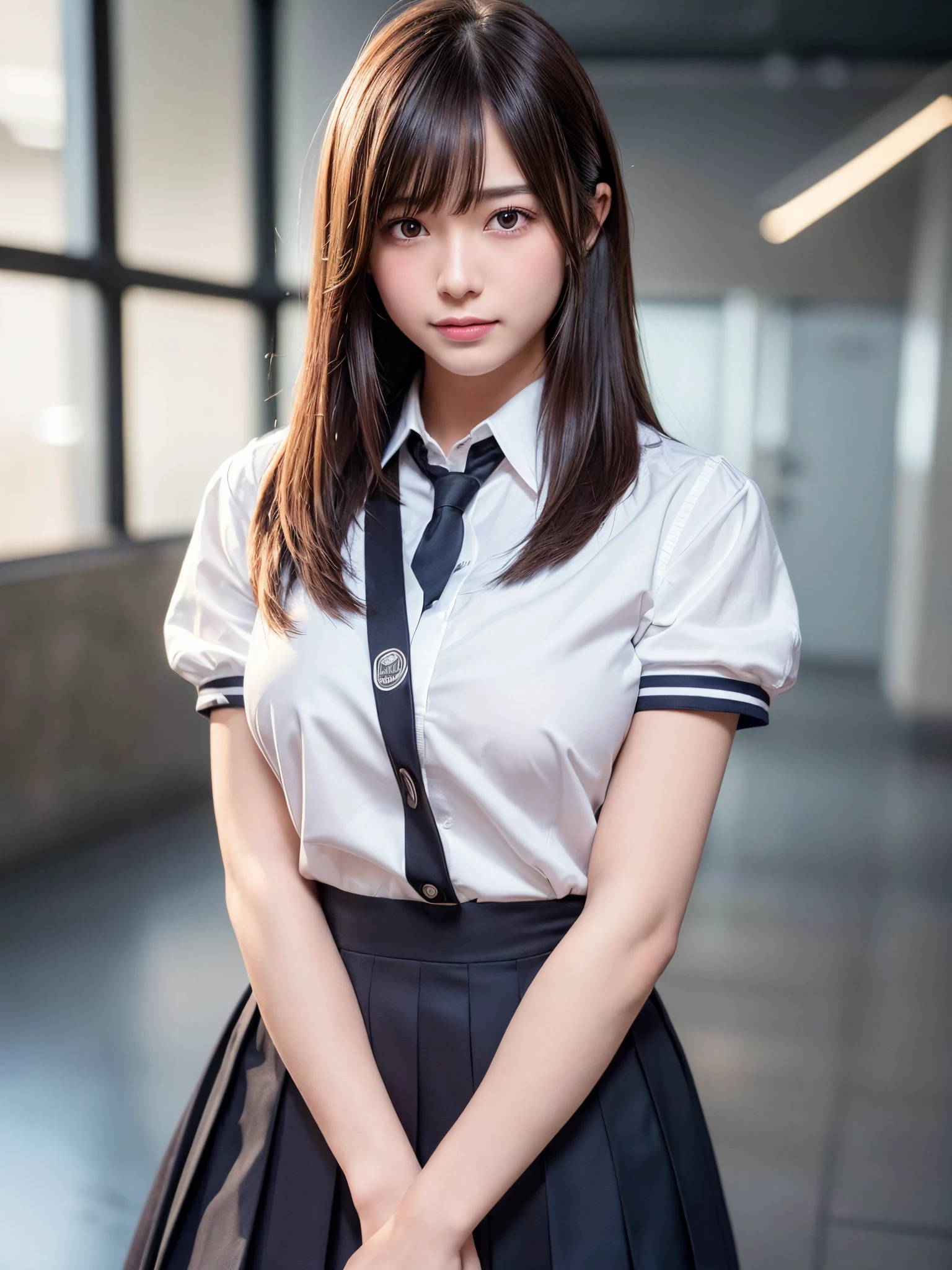 (8K, Raw photo, Best Quality, masutepiece:1.2), (Realistic, Photorealsitic:1.4), (Very detailed 8k wallpaper), Sharp Focus, depth of fields, blur backgroun, Bokeh, Cinematic lighting, Soft light, Upper body, 1 girl,18 years old famous Japanese idol, Perfect female body, Large breasts,Arms up ,Indoors,Long bob hair, (School uniform : 1.3), Smile, Glossy lips, Beautiful detailed eyes,Natural makeup, Glossy smooth light brown long bob hair, asymmetrical bangs, Shiny skin, central image, High resolution, high detailing, detailed hairstyle, Detailed face, spectacular movie lighting, Octane Rendering, Vibrant, Hyper realistic, Perfect limbs, Perfect Anatomy