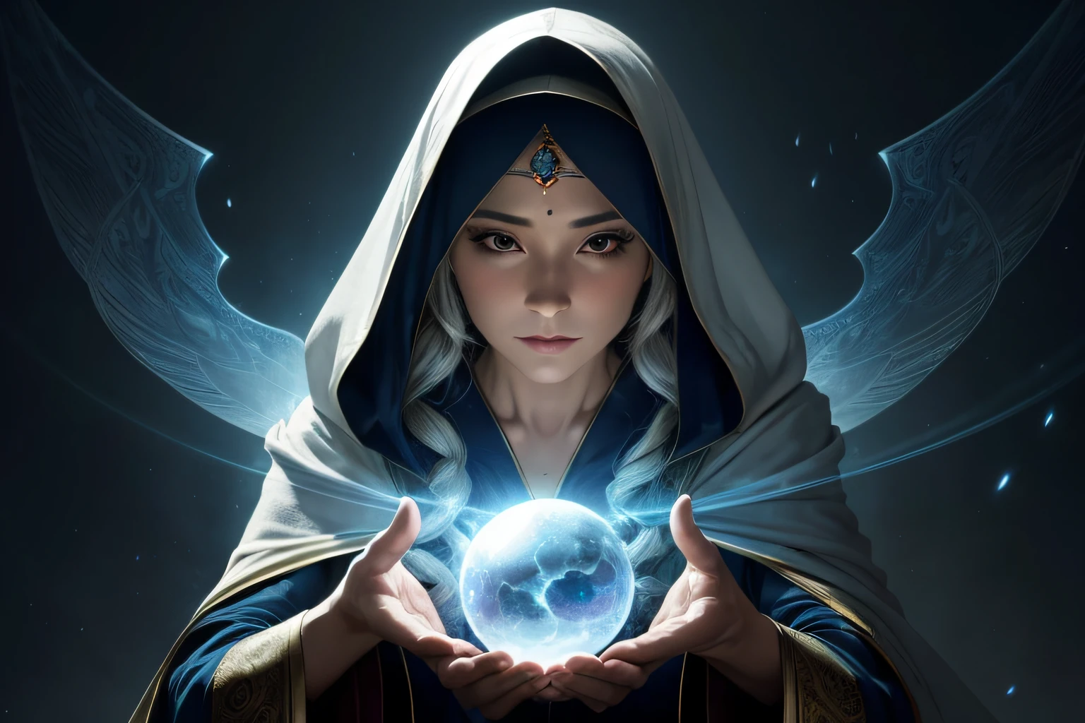 (ultra-detailed CG unity 8k Wallpaper, masutepiece, Best Quality, depth of fields, nffsw, Convoluted), Facing the front、face and body facing forward、Eyes are open、Eyes are double、50Old Female、old women、wearing a veil on one side'Head of、Old age、aunty、From Greg Rutkowski, magician, Enchanting, Mystical, charmed, Mystical powers, flowing robe, Shining Orb, captivating aura, enchanting stage, Mysterious illusions, Mysterious atmosphere.