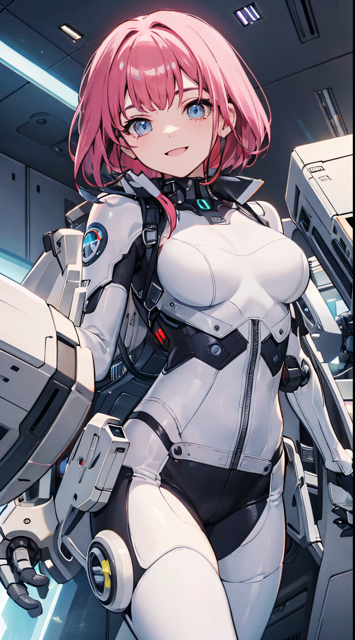 masterpiece, best quality, modern, smile, wearing sci-fi suit, on sci-fi war