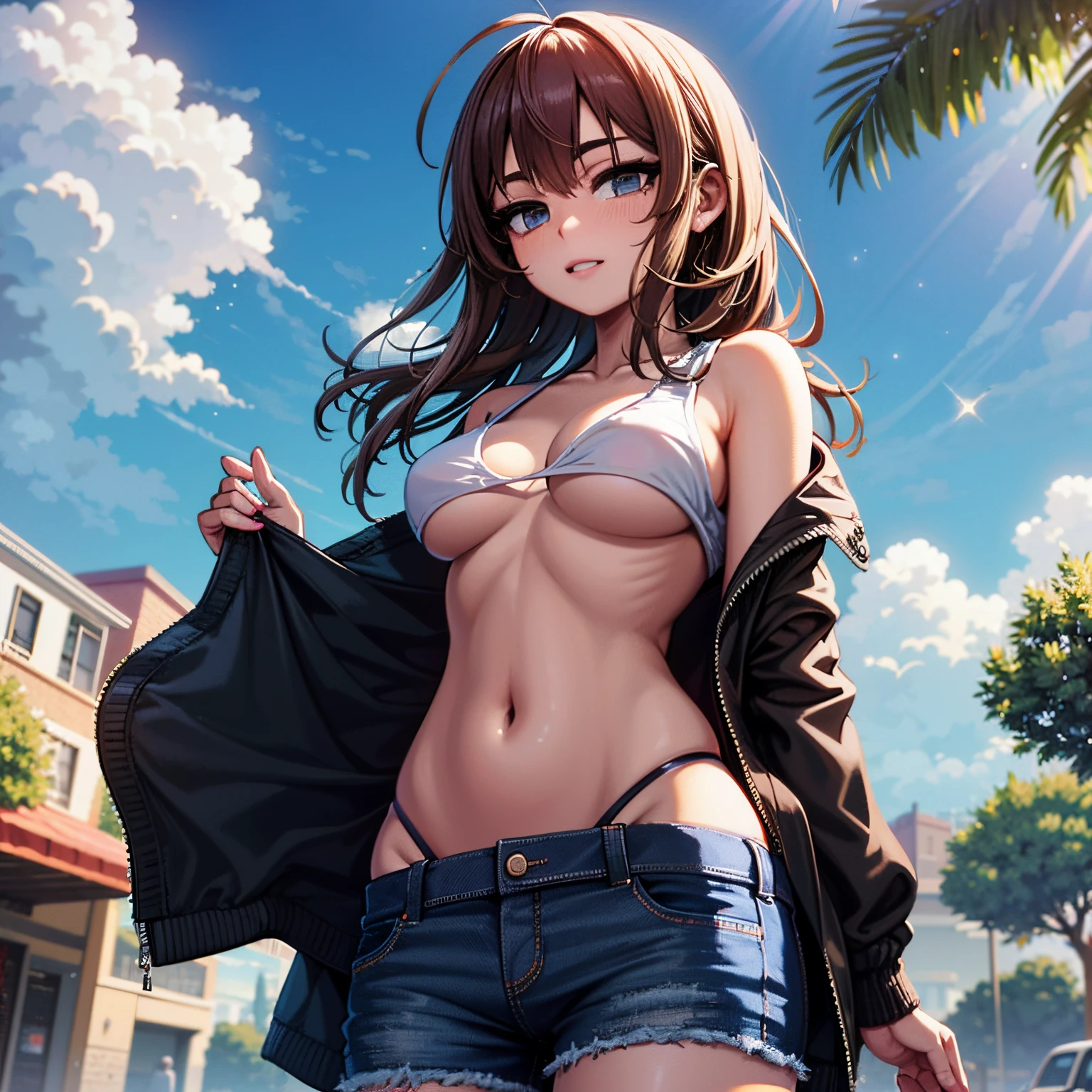 hcnone, pixel-art, Obra maestra, pixel, 1chica, brown-hair, ojos marrones, little guy, pecho medio grande, Mirando al espectadorsonrisa Ahoge, Anime style, Lindo, Fondo simple, visita de medio cuerpo, pechos al aire, ???????, sin camisa, sin sujetador, PixelArt, PixelArt retro style