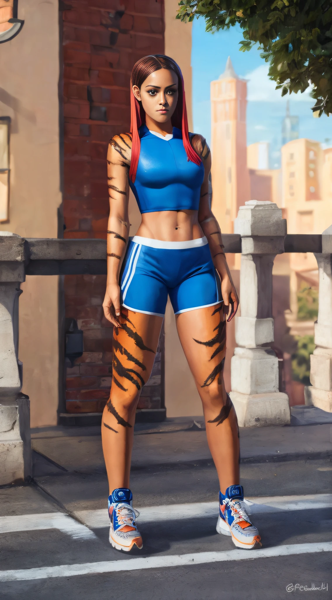 actress Nathalie Emmanuel, 1girl, solo, (human head), (pretty human face), (tiger fur:1.4), (tiger tail), (orange fur), (white fur), (red long straight hair:1.4), no ears, sharp claws, set of fangs, wearing (blue tight sport crop top), (blue tight sport shorts), sneakers, in the street, midday, sunlight, intricate, high detail, sharp focus, dramatic, photorealistic painting art by greg rutkowski