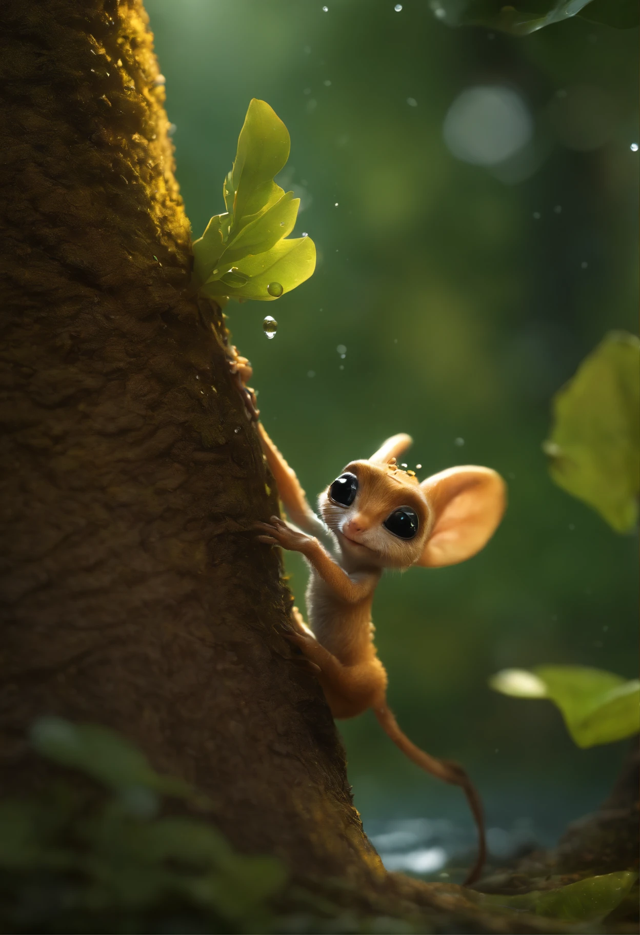 真实感, Realism, Close up of cute tiny fireflies around a huge oak tree, Morning lighting, dew, illuminate the bush, a detailed painting, cgsociety, Detailed painting, artstation hd, high detail, cgsociety, photo realism, Concept art, artstation hd, official arts, bokeh ,真实感, Realism, Cute alien creatures, similar to gremlins,Tiny creatures, big eyes, large ears, an acorn cap on the head, stands under the crown of an oak tree by the water, touches water with fingers, Raindrops, Sverchkov