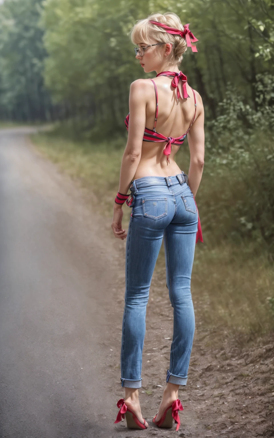 (8K, Masterpiece, RAW photo, ultra HD quality, detail:1.5), (scenary, natural background:1.4), Depth of field, Cinematic light, (ultra realistic face:1.5), ( 1 picture of 1 girl Ekaterina Ackerman:1.7), (solo girl:1.6), (Beautiful and elegant Russian girl), (skinny girl with glasses), (European face:1.3), (natural abs), (complete perfect full body:1.6), (full body including shoes:1.5), (tight minitop:1.5), ([red|gray] miniTop:1.4), (small necklace, collarbone:1.1), ([short hair]:1.5), (ultra detailed skin:1.4), (soft mate fabric:1.3), ([frontal pose|side profile pose|back profile pose]:1.5), (face looking at viewer:1.5), (perfect hands:1.5), (perfect feet:1.5), (perfect anatomy:1.6), (perfect body:1.6), (ultra perfect beautiful face:1.6), (blonde hair:1.4), ([Pixie|Bob|Bangs|Braids|Pigtails] hair:1.5), (perfect standing pose:1.5), ( Ribbon Tie Jeans :1.6)