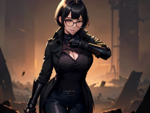 (High resolution, best quality, masterpiece) detail, intricate detail, 1female, ((solo _focused)), single, one woman, physically fit, curvy, pale skin, vampire, fierce expression, dark eyes, (detailed eyes), red_rimmed eyes, sharpened fangs, black hair, short hair, full body, human hands, ((detailed hands)), ((pointed fingers)), medium breast, beautiful, cute, dark aura surrounding her, (topwear:(((shirt:black, trench_coat:black)), handwear:((gauntlets), bottomwear:(pants:blue))))), blood dripping, glasses on the top of her head, dark tinted glasses, grinning, cocky expression, menacing, blood spatter