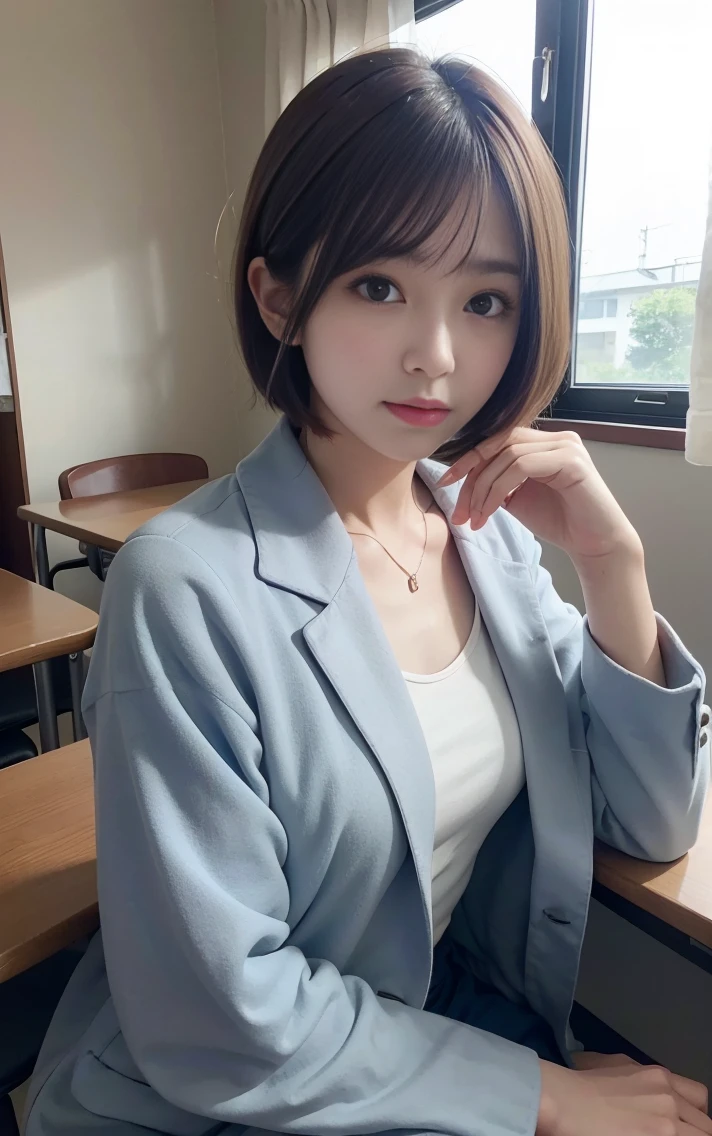 Cute 21 years old Japan、Japan Domestic flights、college、Classroom、Studying、Super Detail Face、Eye of Detail、二重まぶた、beautiful thin nose、foco nítido:1.2、prety woman:1.4、(light brown hair,Shortcut Hair, ),fair white skin、top-quality、Light through the window、masterpiece、超A high resolution、(Photorealsitic:1.4)、Blue coat、