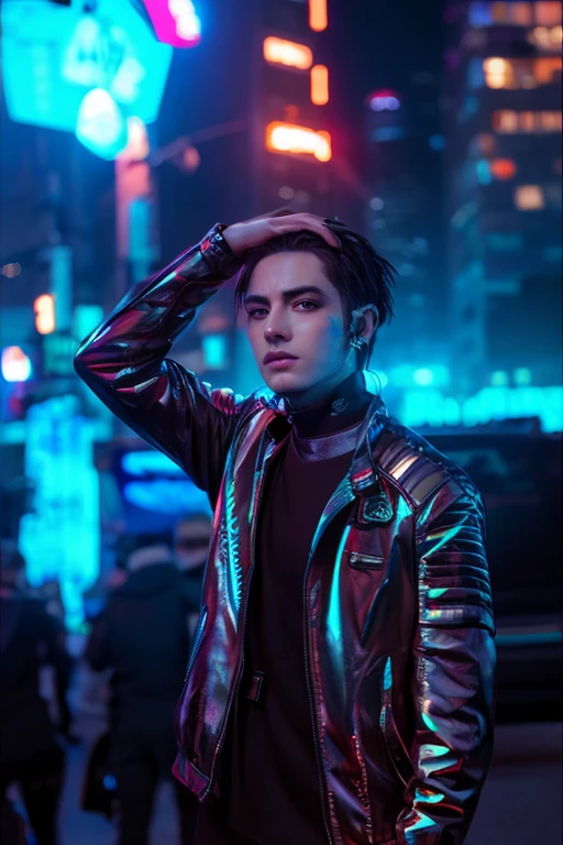 Change background cyberpunk handsome boy, realistic face, 8k, ultra realistic,