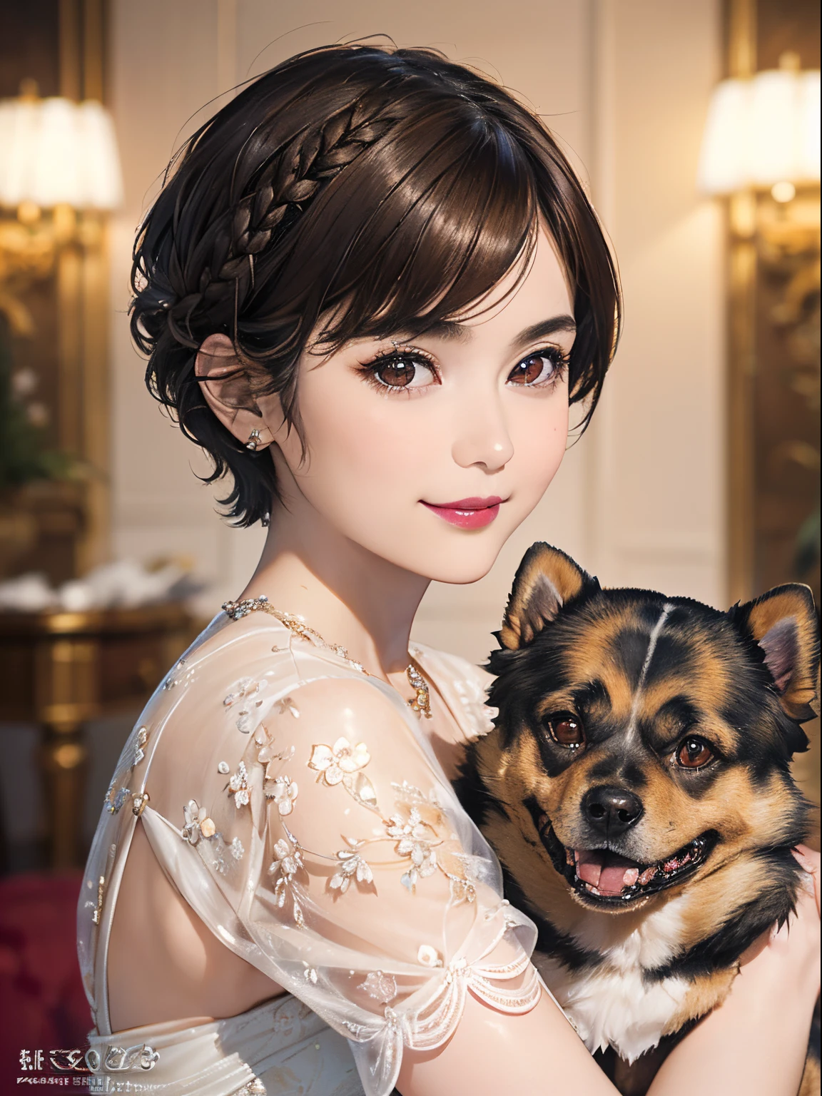 125
(a 20 yo woman,Art Works), (A hyper-realistic), (high-level image quality), ((beautiful hairstyle 46)), ((short-hair:1.46)), (Gentle smile), (brest:1.1), (lipsticks), (florals), (Luxurious room), (Depth of field is deep), (a Dog:1.46)
