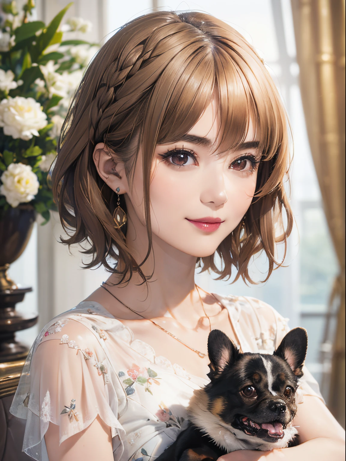 125
(a 20 yo woman,Art Works), (A hyper-realistic), (high-level image quality), ((beautiful hairstyle 46)), ((short-hair:1.46)), (Gentle smile), (brest:1.1), (lipsticks), (florals), (Luxurious room), (Depth of field is deep), (a Dog:1.46)