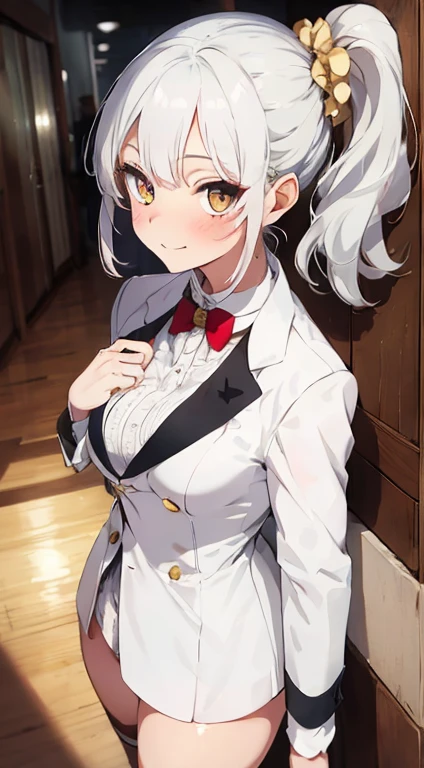 masterpiece , best quality, detailed quality, 1girl ,side ponytail, white hair, golden eyes, pale skin, suit outfit, formal outfit