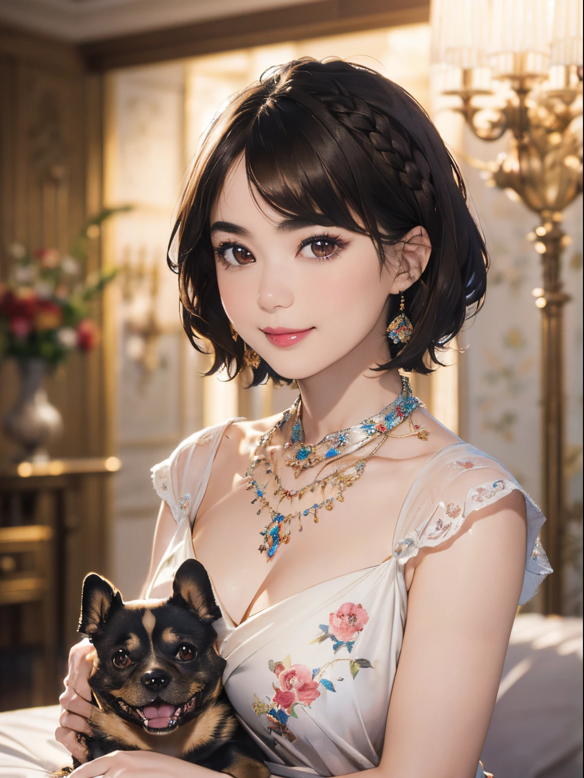 125
(a 20 yo woman,Art Works), (A hyper-realistic), (high-level image quality), ((beautiful hairstyle 46)), ((short-hair:1.46)), (Gentle smile), (brest:1.1), (lipsticks), (florals), (Luxurious room), (Depth of field is deep), (a Dog:1.46)