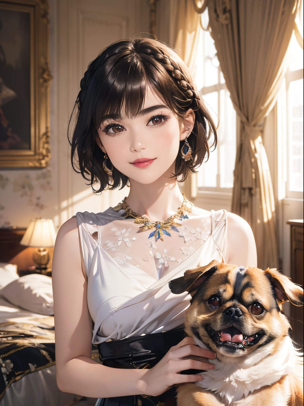 125
(a 20 yo woman,Art Works), (A hyper-realistic), (high-level image quality), ((beautiful hairstyle 46)), ((short-hair:1.46)), (Gentle smile), (brest:1.1), (lipsticks), (florals), (Luxurious room), (Depth of field is deep), (a Dog:1.46)