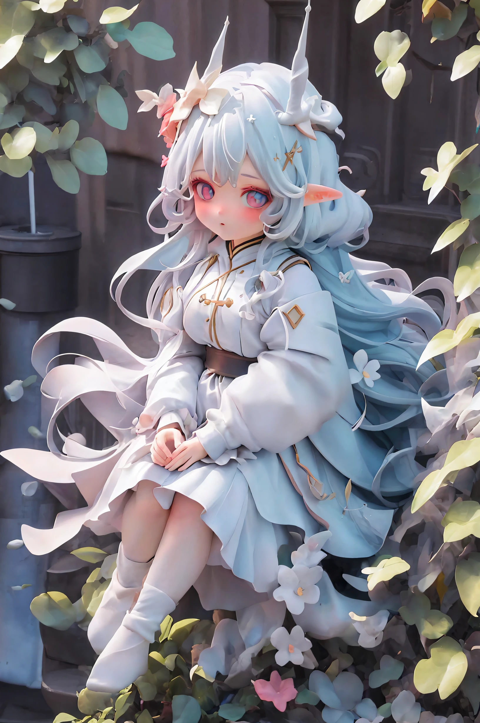 great masterpiece，Best quality at best，超高分辨率，8K，clear color rendering，,1 busty girl,white long curly hair，Big blue eyes，elvish ears，double good luck，vivd colour，white  clothes，Divine brilliance，It can also be lovely love，wanting，Star Diamond，Close-up half-length photo of girl，God girl，a white stuffed bird，zauber