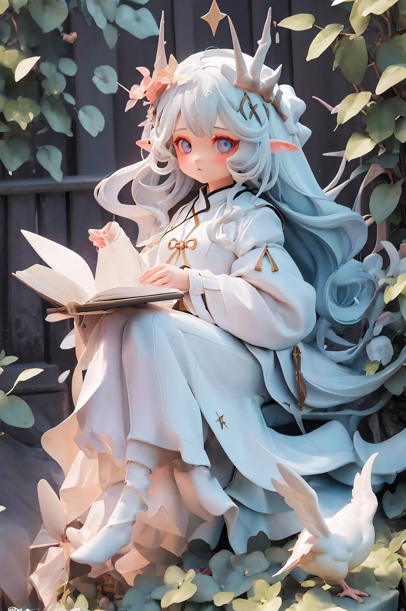 great masterpiece，Best quality at best，超高分辨率，8K，clear color rendering，,1 busty girl,white long curly hair，Big blue eyes，elvish ears，double good luck，vivd colour，white  clothes，Divine brilliance，It can also be lovely love，wanting，Star Diamond，Close-up half-length photo of girl，God girl，a white stuffed bird，zauber