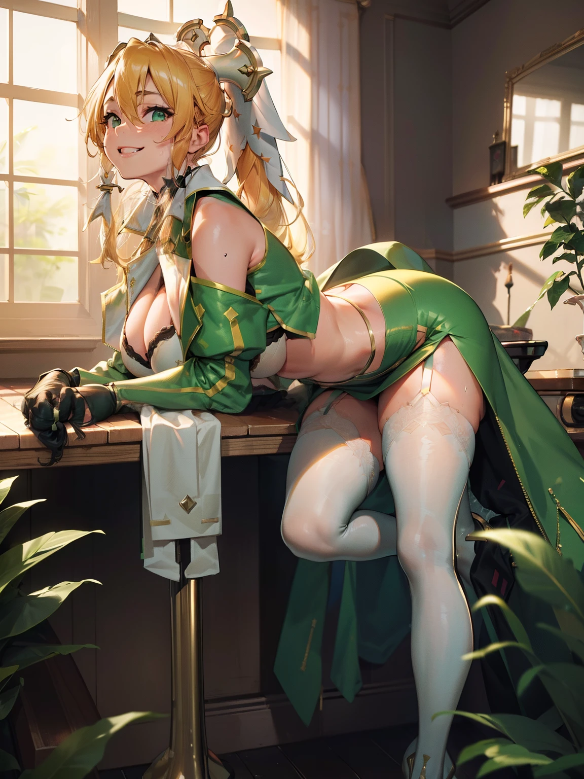 (Best quality,4K,8K,A high resolution,tmasterpiece:1.2),ultra - detailed,(actual,realistically,realistically:1.37), Ultra HD face, tmasterpiece, Best quality, A high resolution, 1girl leaf ponytail, Bra Slit Sleeves Cleavage Green Skirt White Stockings Hip Ventilation Station, Woman Sitting On Chair, A sexy pose, Attractive posing, White skin of the, Colossal tits, Crazy breast swelling, Slimming the waist, butt augmentation surgery, hip is cocked, Butt is swollen like crazy, Fitness model, Ruddy cheeks, sweaty, A smile