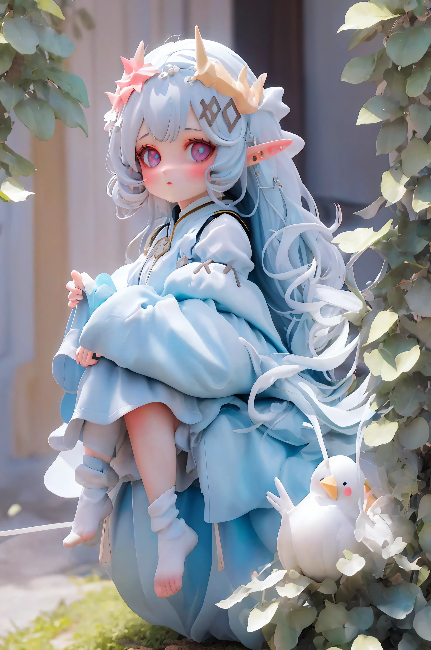 great masterpiece，Best quality at best，超高分辨率，8K，clear color rendering，,1 busty girl,white long curly hair，Big blue eyes，elvish ears，double good luck，vivd colour，white  clothes，Divine brilliance，It can also be lovely love，wanting，Star Diamond，Close-up half-length photo of girl，God girl，a white stuffed bird，zauber