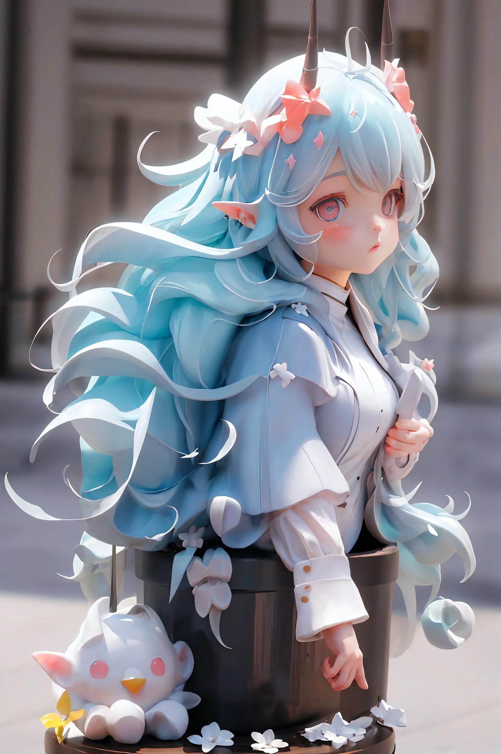 great masterpiece，Best quality at best，超高分辨率，8K，clear color rendering，,1 busty girl,white long curly hair，Big blue eyes，elvish ears，double good luck，vivd colour，white  clothes，Divine brilliance，It can also be lovely love，wanting，Star Diamond，Close-up half-length photo of girl，God girl，a white stuffed bird，zauber