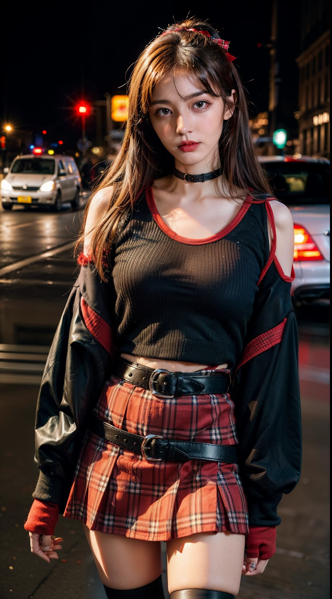 Y2k fashion, y2k outfit, vibrant night urban city scene, immersed in the vibrant atmosphere of a urban city. The urban city scene is alive, a lively urban city, and people having fun because urban city, capturing the spirit of urban city, urban city, and self-expression that defined the cyberpunk culture, midshot, centered image, ultra detail, extremely face detail, extremely eye detail, red tartan and mesh Raglan Racer Jersey Top combine with ribbon, red tartan skirt, beautiful belt, light brown medium hair, red ribbon on hair, black ripped hand gloves