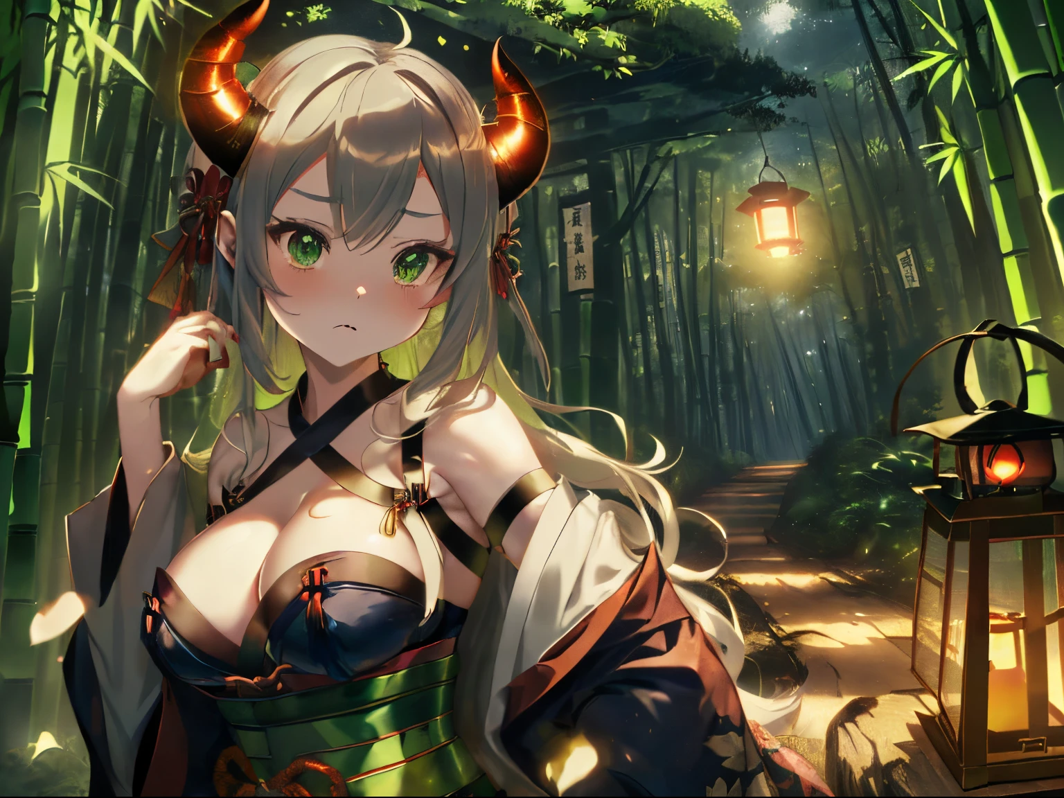 ((Bamboo forest full of fantastic light)),(Lanterns line the well-maintained wooden path),fluffy hair,((A dark-haired)),((Long curled hair)),Slightly red tide,((Green eyes)),(night light flashing from a lantern),((off-shoulder black and red kimono),((The hem of the kimono is long enough to touch the ground......)),((wide luxurious corset)),((Harness belt)),((Demon horns grow from his head)),((ogre)),sulky face,Kamimei,((Please look at me with a lantern)),(),