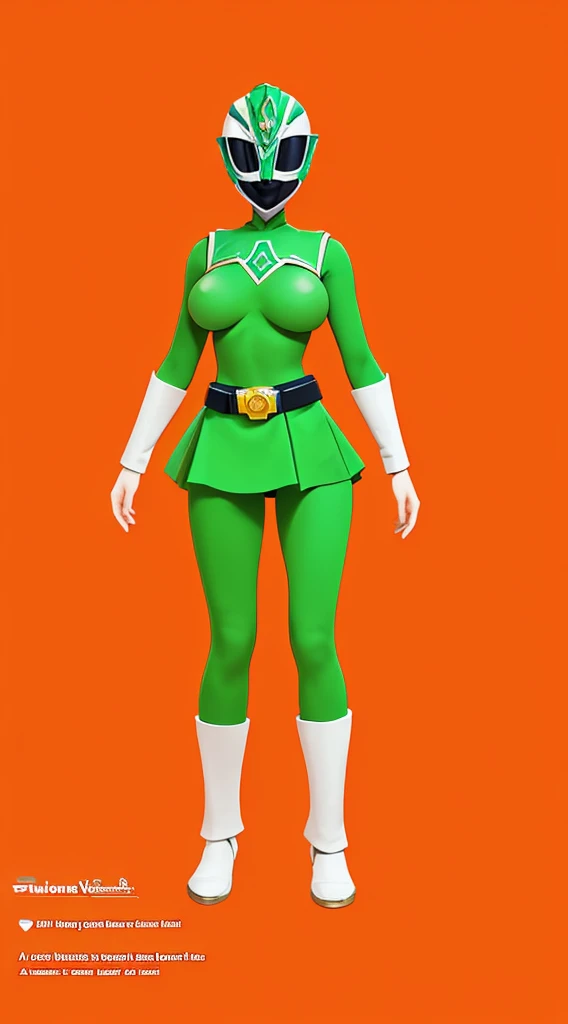 top-quality, Top image quality, ​masterpiece,  character sheet, Full body, full of details, multiple poses, highly detailed, depth, many parts, one girl, solo, Standing, backgroun ruin temple, front view,body facing forward, power ranger, Ranger green, Headgear Helmet Green Power Ranger, no hair out, Green Mask cover face, Covering all face, mini skirt, big boob